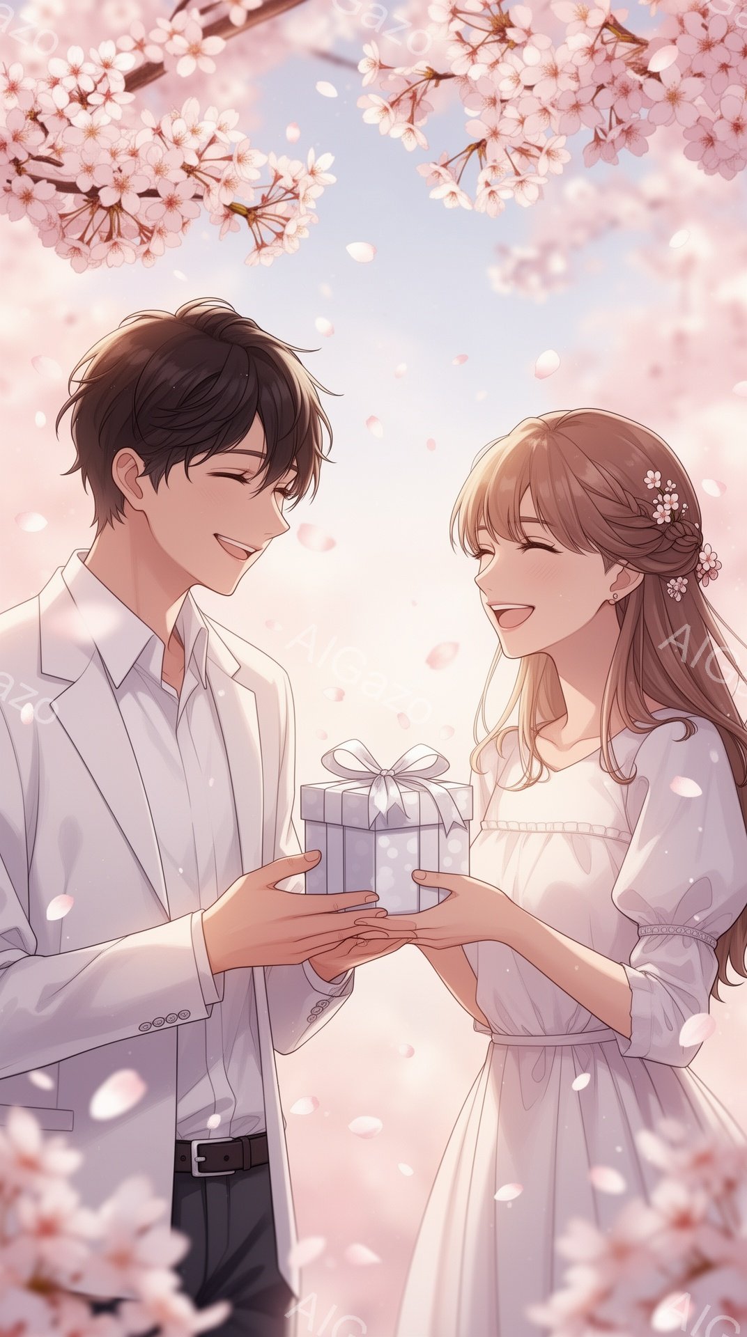 長い茶色の髪を優雅に巻いた女性は、白いレースのドレスを着ており、頭には小さな花飾りを付けている。彼女は微笑んでおり、男性から贈られた青い箱入りのプレゼントを受け取ろうとしている。背景は桜の花びらが舞い - AI生成フリー素材