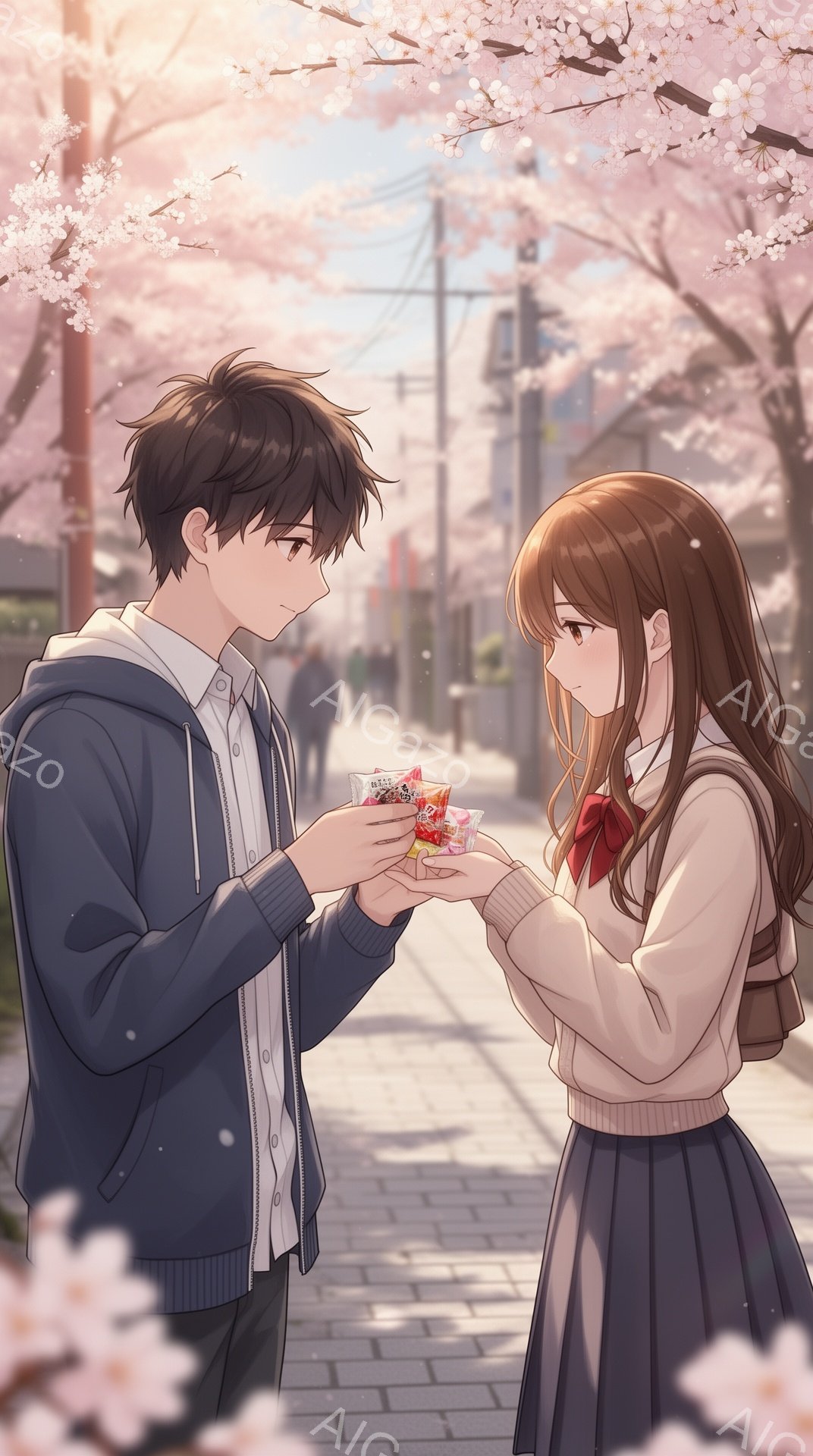 少年と少女は桜並木の下で立っており、少年が少女にキャンディーを渡そうとしている。少年は黒髪で、紺色のパーカーとズボンを着用し、少し照れたような表情をしている。少女は茶髪のロングヘアに赤いリボンを結び、 - AI生成フリー素材