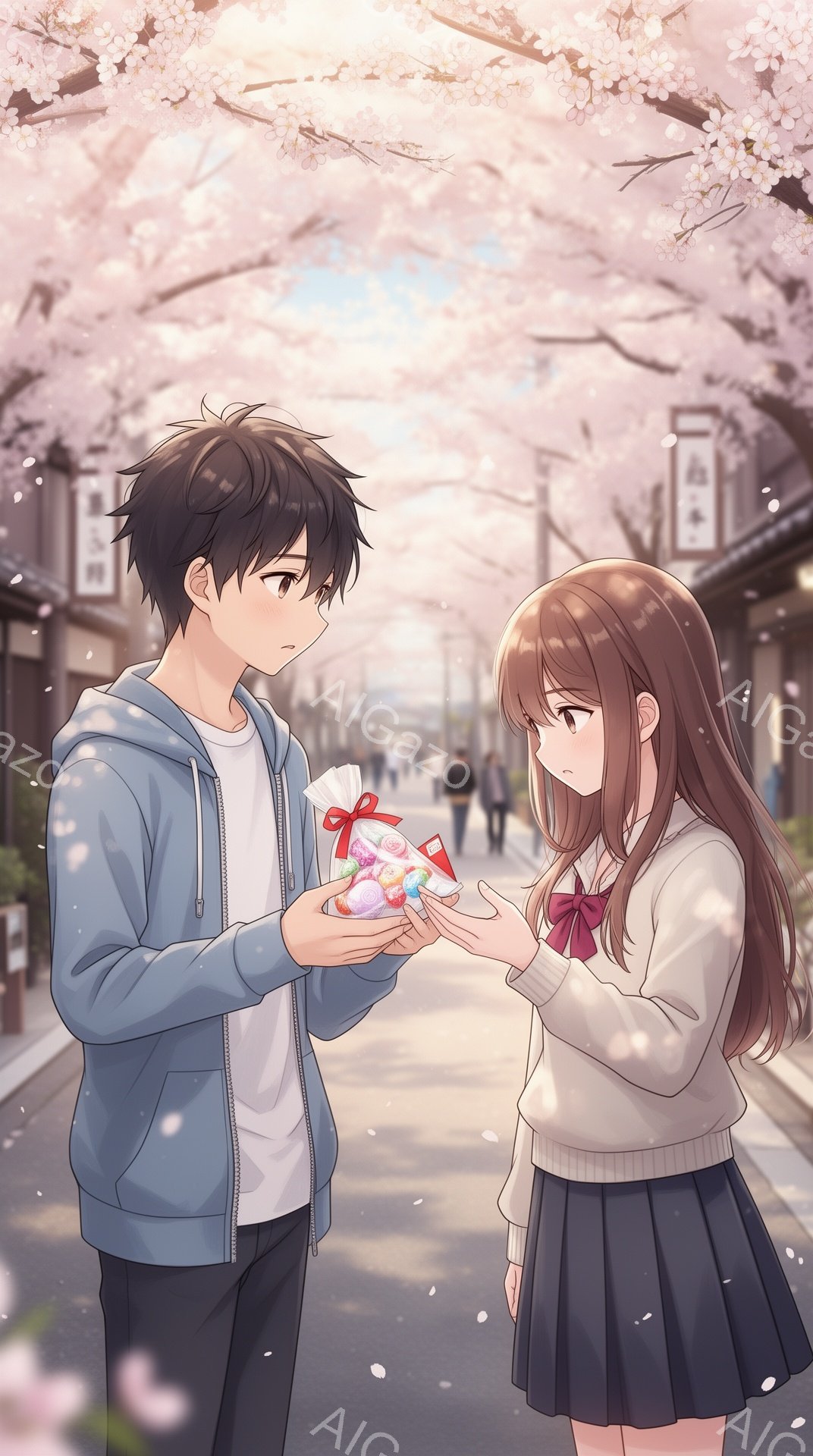 画像には、桜並木の下で若い男女が描かれています。男の子はフード付きのジャケットと白いTシャツを着ており、女の子はセーラー服を着ています。二人はお互いに向かい合い、男の子は赤いリボンで飾られた小さなプレ - AI生成フリー素材
