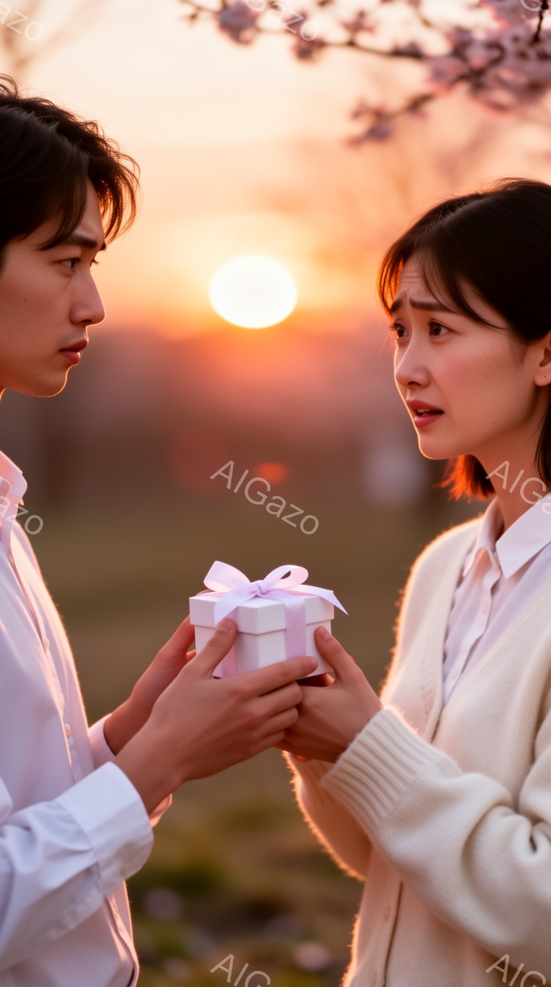 若い男性が若い女性に白い箱のプレゼントを渡そうとしています。女性は少し驚いたような、または感情的な表情で、プレゼントを受け入れようとしています。背景には桜の木々と夕焼けが広がっており、ロマンチックで少し切ない雰囲気を醸し出しています。