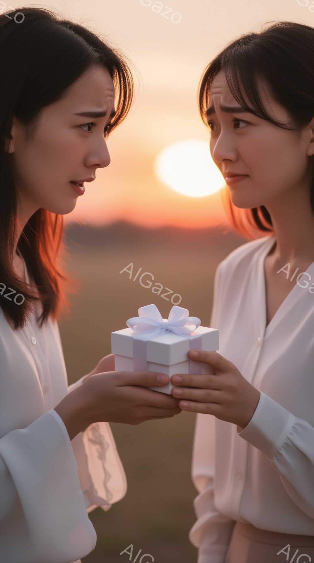 2人の女性が夕暮れ時に寄り添い、プレゼントを交換しようとしている様子が写っています。どちらも白いブラウスとスカートを着用し、黒髪を肩のあたりで切り揃えています。夕焼けの背景はオレンジとピンクの色合いで、穏やかでロマンチックな雰囲気を醸し出しています。
