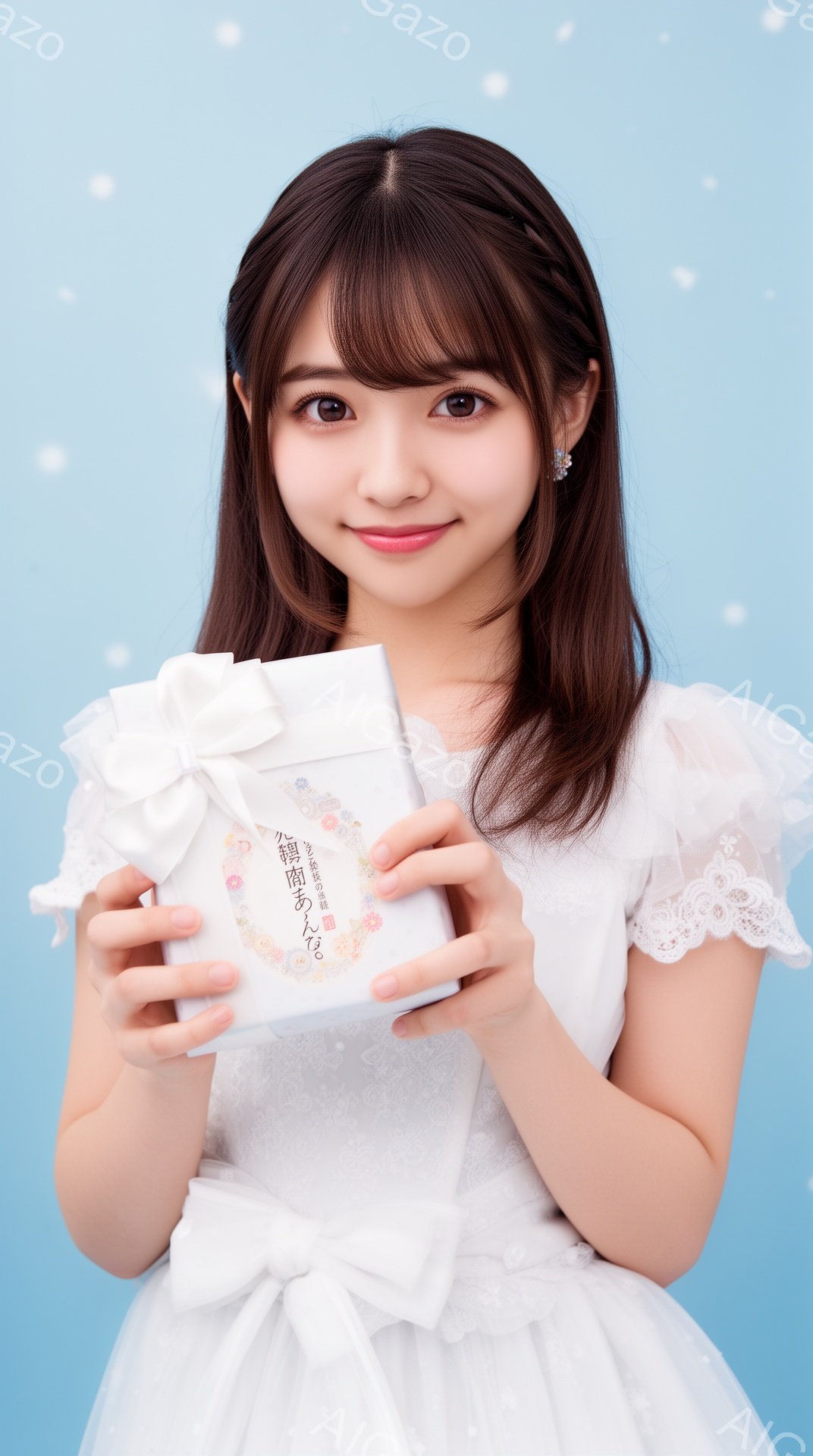 若い女性が白いドレスを着て、両手で小さな白いギフトボックスを抱えています。彼女は微笑んでいて、髪は前髪を下ろしたストレートのロングヘアです。背景はぼやけており、柔らかい光が彼女を照らしています。