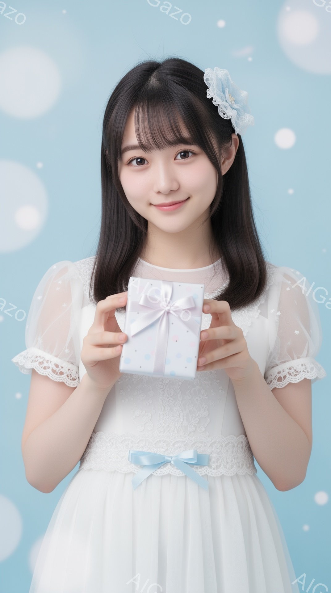 黒髪の少女が白いレースのワンピースを着て、小さな水色のリボンで髪を結んでいます。彼女は微笑んでおり、両手で水色のリボンが付いた白いギフトボックスを持っています。背景は水色のグラデーションで、ぼやけた白 - AI生成フリー素材