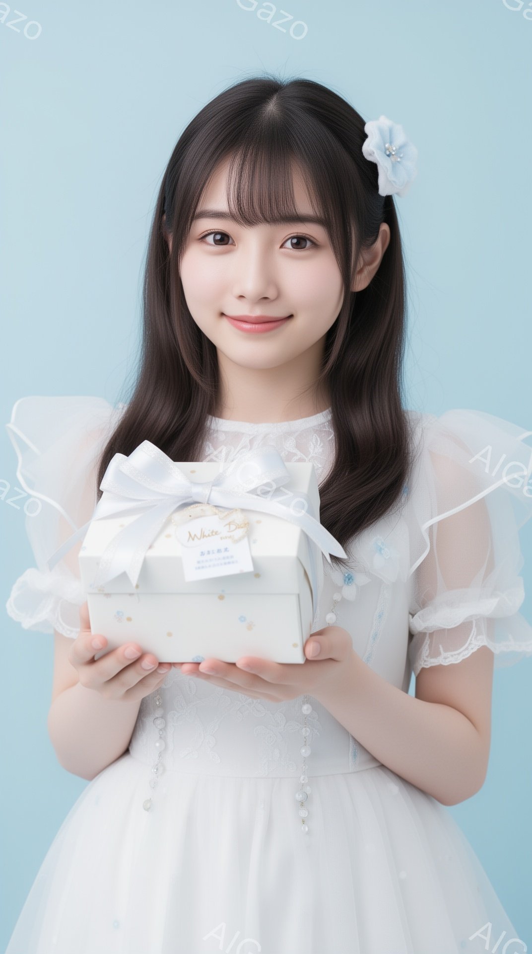 長い黒髪に薄いピンク色のリボンをつけた少女が、白いプレゼントボックスを両手で抱えています。オフホワイトのフリル付きのドレスを着ており、柔らかく優しい表情をしています。背景は淡い水色で、全体的に明るく、希望に満ちた雰囲気です。