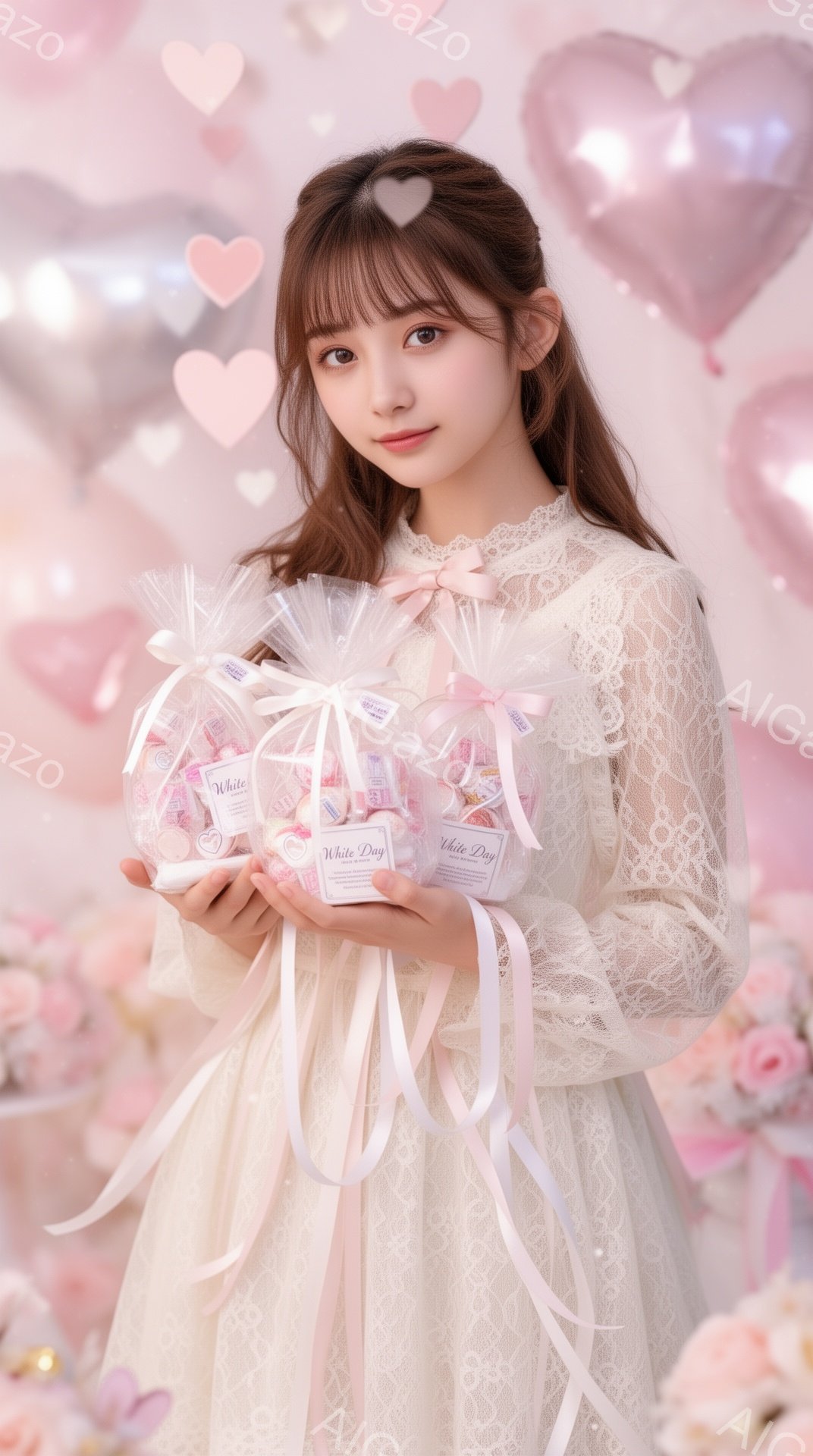 長い茶色の髪をセンターパートにした女性が、白いレースのブラウスとスカートを着て、両手にホワイトデーのお菓子が入ったギフトバッグを持っています。彼女は微笑んでいて、優しく穏やかな表情をしています。背景は - AI生成フリー素材