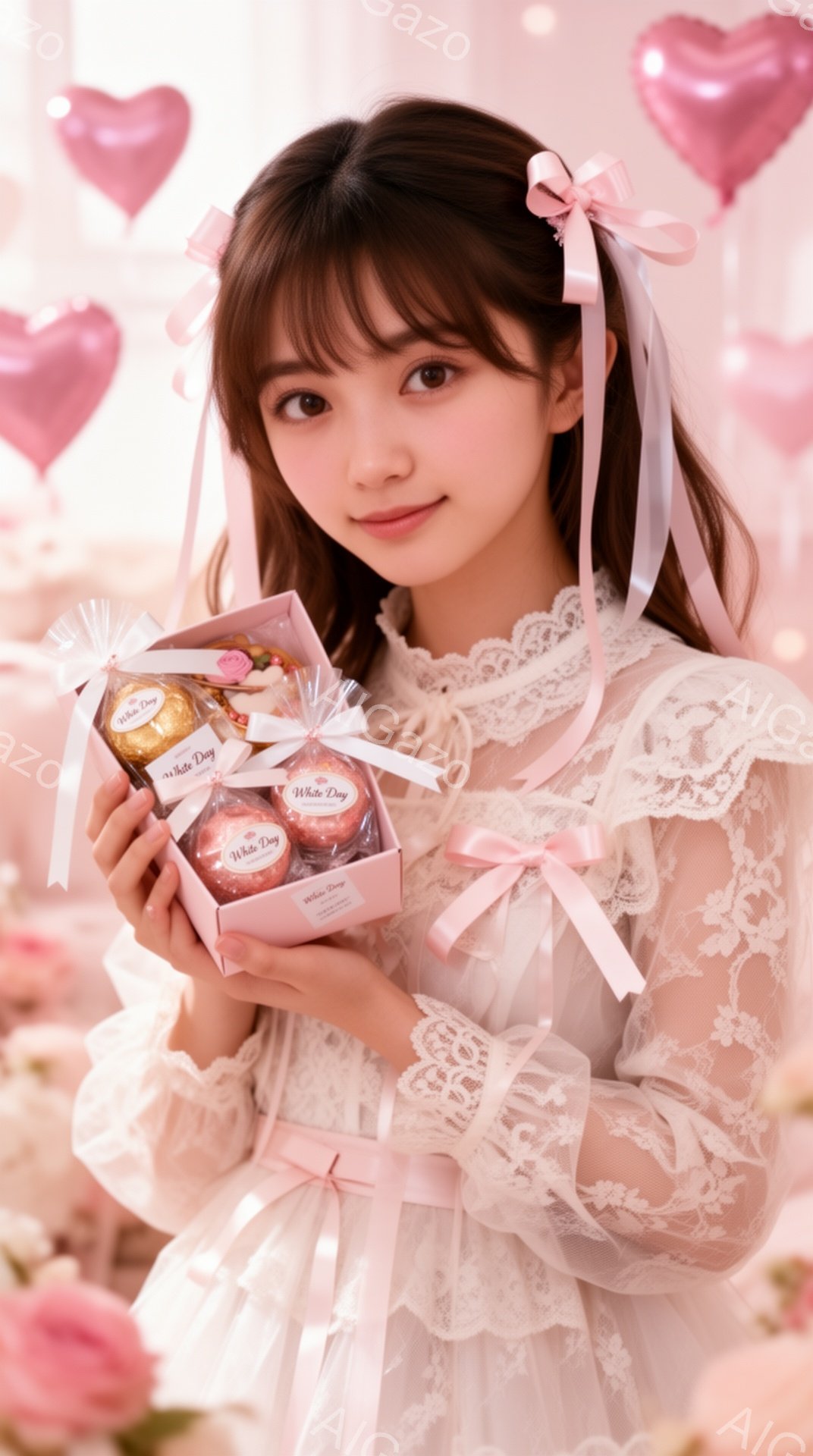 白いレースのワンピースを着た若い女性が、ピンク色のリボンで飾られたお菓子の箱を抱えています。彼女は明るい笑顔でカメラを見つめ、両肩に流れるような茶色の髪と、フロントに編み込みが入ったヘアスタイルをして - AI生成フリー素材