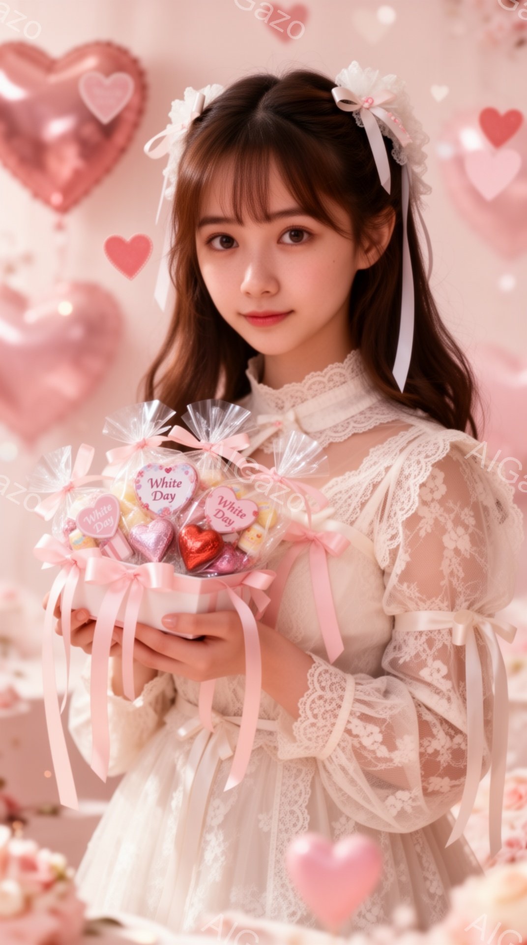 明るい笑顔を見せる若い女性が、可愛らしいプレゼントの詰め合わせを手に持っています。彼女はレースの襟とフリルが付いた淡いピンク色のドレスを着ており、髪はリボンで飾られたハーフアップスタイルです。背景はピンクと白のハートの装飾が散りばめられており、全体的にロマンチックで甘い雰囲気を醸し出しています。