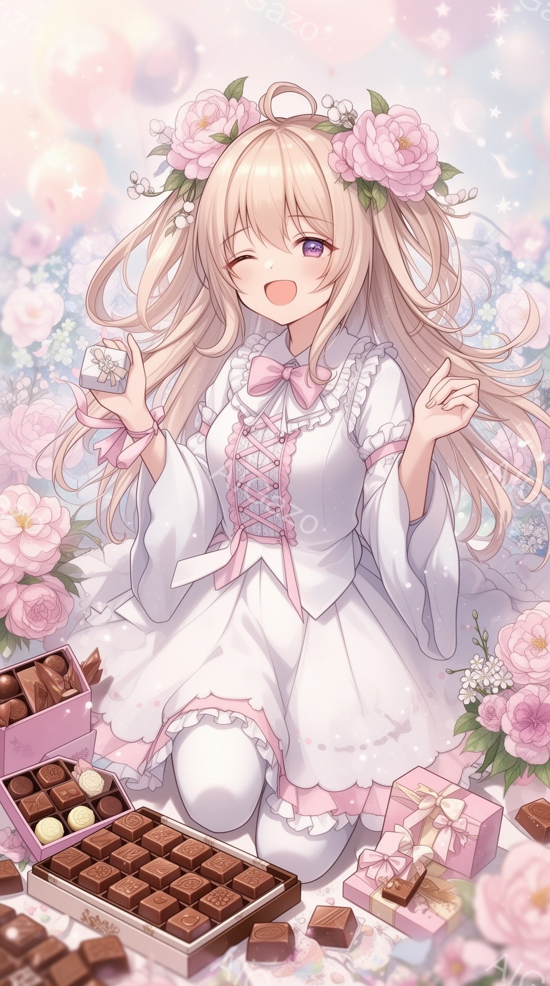 金髪碧眼の少女が、ピンクと白のフリルドレスを身に着け、花冠を被っています。彼女は膝を抱え、チョコレートの箱を手に持ち、嬉しそうに微笑んでいます。背景には淡いピンク色の花々が咲き乱れ、チョコレートの箱が散りばめられ、甘くて夢幻的な雰囲気が漂っています。