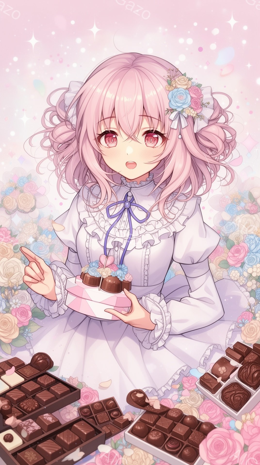 明るいピンク色の髪に花飾りをつけた少女が、チョコレートが並んだ箱を指差している。フリル付きの白いワンピースを着ており、優しい表情で微笑んでいる。背景には、ピンク、白、紫の花が咲き乱れ、明るく甘い雰囲気 - AI生成フリー素材