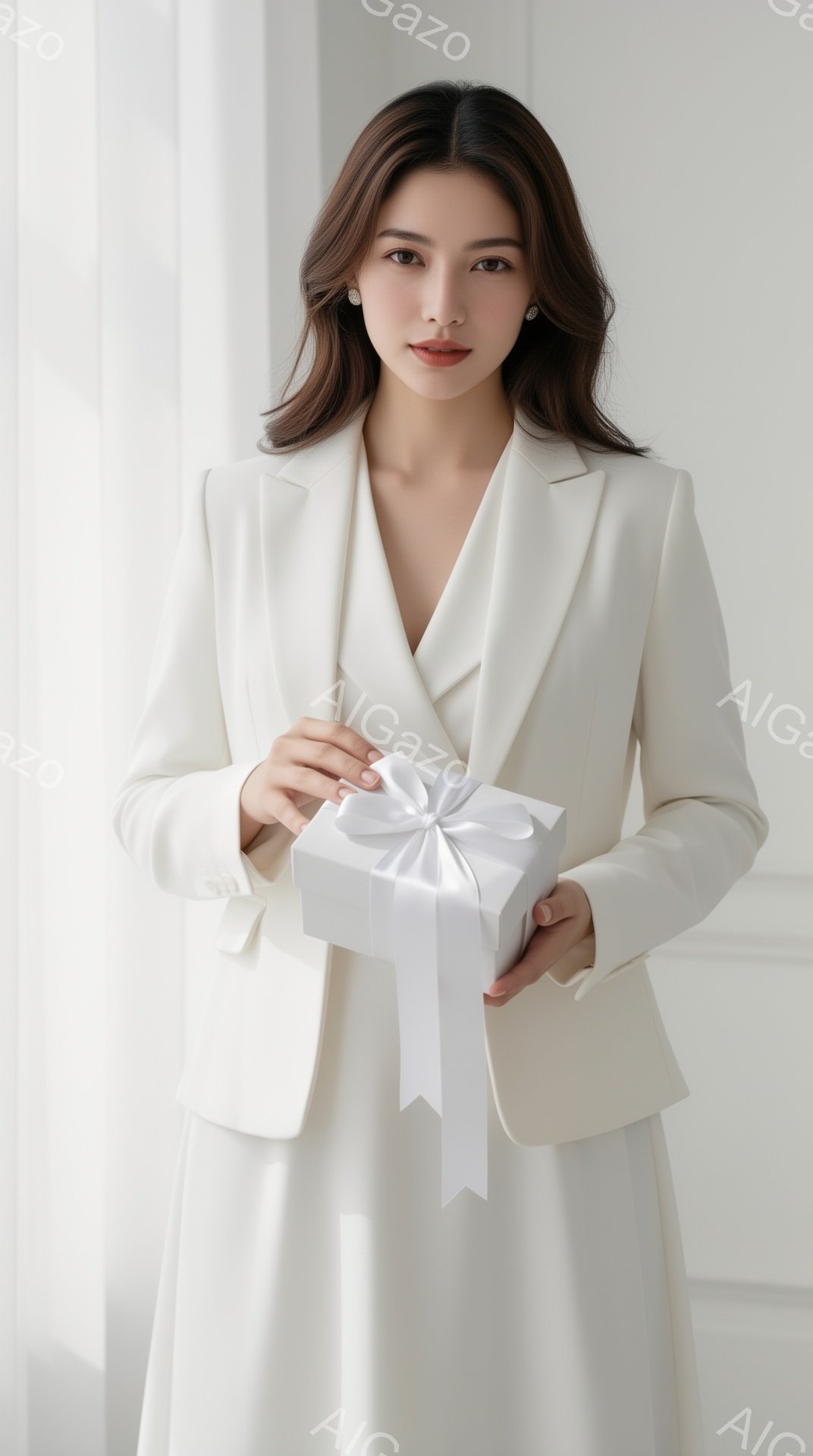 白いスーツを着た若い女性が、白いリボンで結ばれた白いギフトボックスを両手で抱えています。彼女は肩まで伸びたダークブラウンの髪を持ち、控えめな微笑みを浮かべており、真珠のイヤリングをつけています。背景は薄いグレーで、繊細なモールディングが施されており、全体的にエレガントで洗練された雰囲気です。