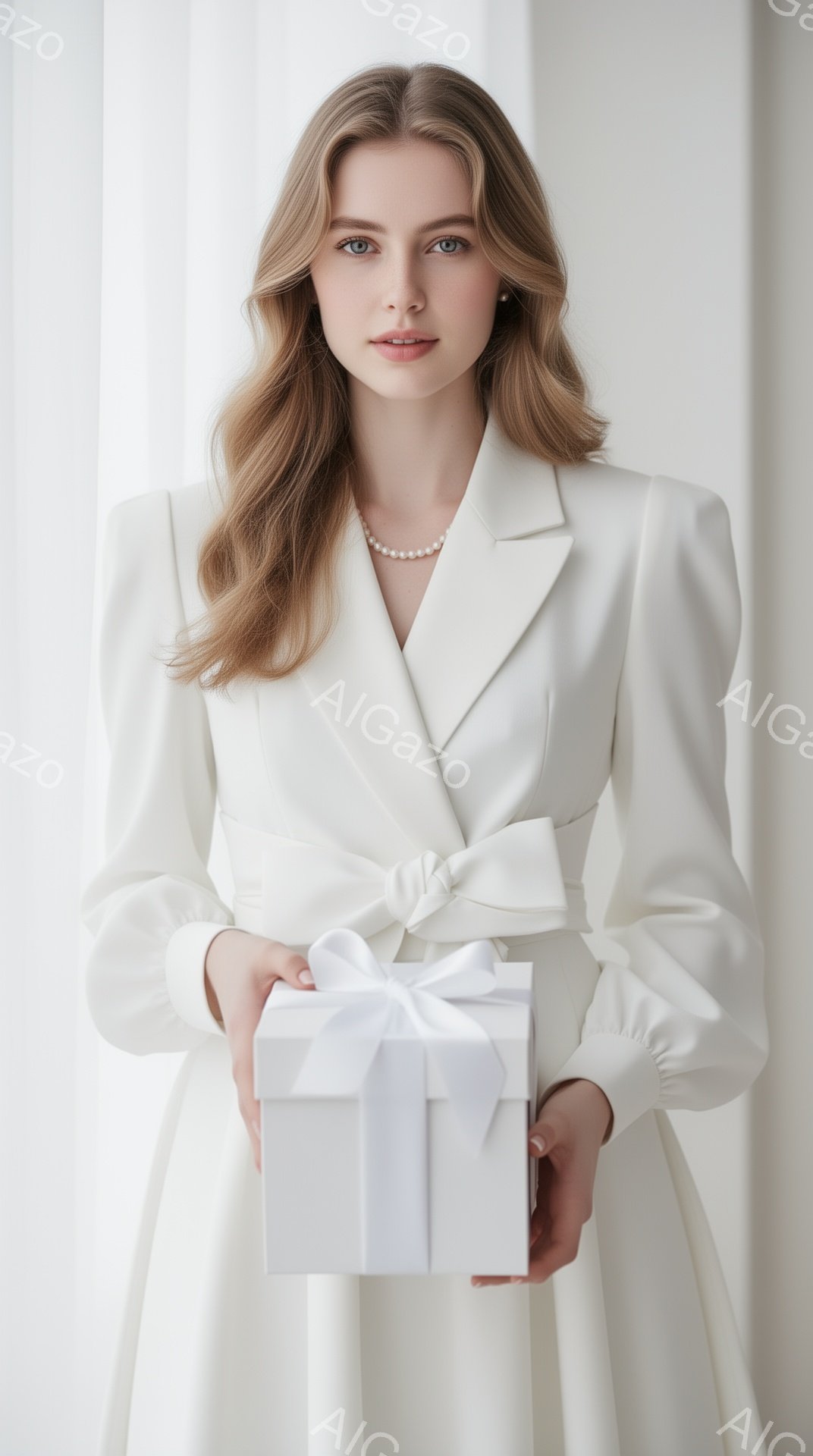 明るい背景を背景に、若い女性が白いドレスとパールのネックレスを身につけ、白いリボンで結ばれた白い箱を両手で抱えています。彼女は肩までのゆるいウェーブヘアで、穏やかで微笑んだ表情をしています。全体的に、柔らかく、上品で、贈り物を受け取った喜びに満ちた雰囲気が漂っています。