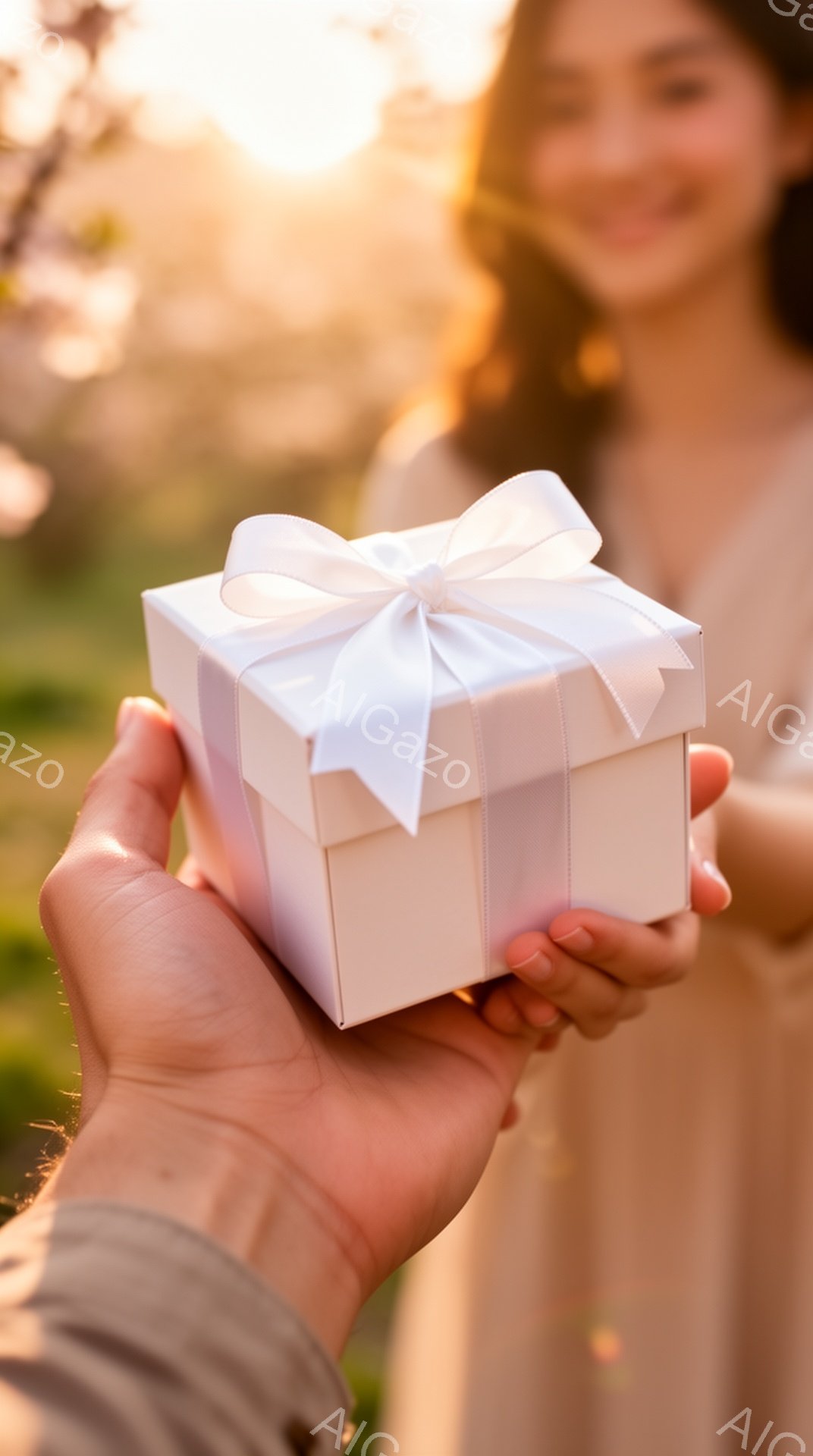 明るい日差しの中で、誰かが白い箱をプレゼントとして差し出している。受け取る側の女性は長い髪で、微笑みを浮かべながら箱を受け入れようとしている。背景は緑豊かな自然で、柔らかな光が全体を包み込み、温かくロ - AI生成フリー素材