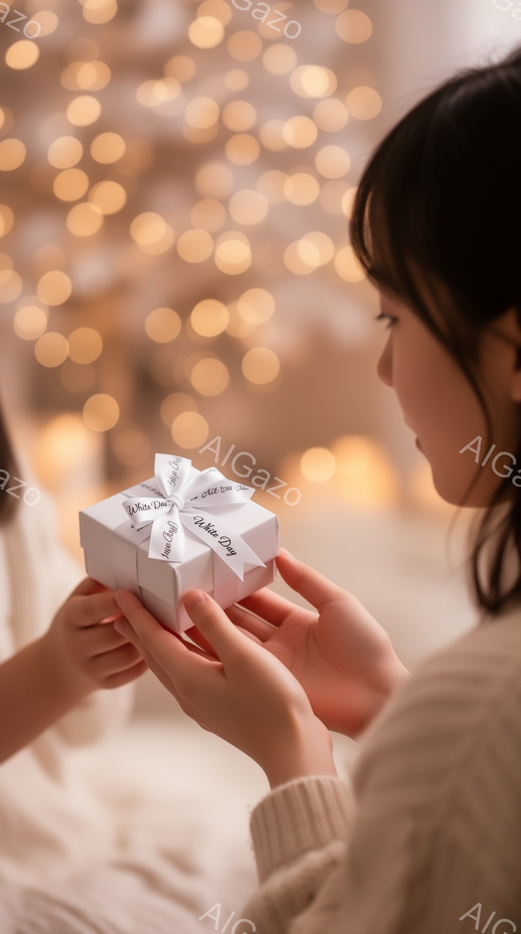 白い背景にぼやけた光が散りばめられており、女性が両手で白い箱のようなプレゼントを受け取ろうとしている様子が描かれています。女性はセーターを着ており、髪は後ろでまとめられています。プレゼントには「ホワイ - AI生成フリー素材