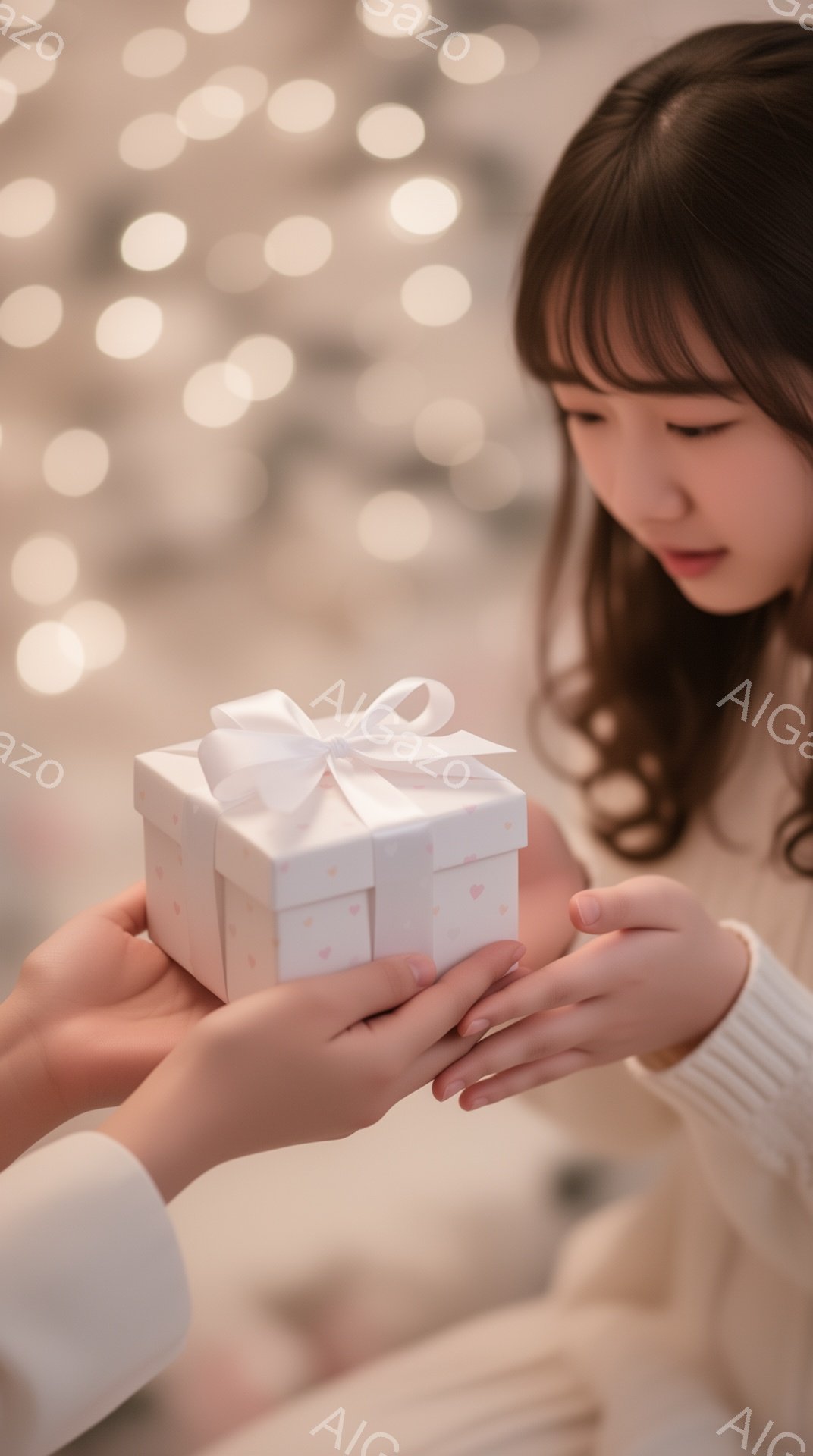 長い黒髪をサイドに流した若い女性が、小さなピンク色の水玉模様の白いギフトボックスを両手で差し出しています。彼女は少し微笑んでおり、優しく穏やかな表情をしています。背景はぼやけた暖かい光で満たされ、ロマ - AI生成フリー素材