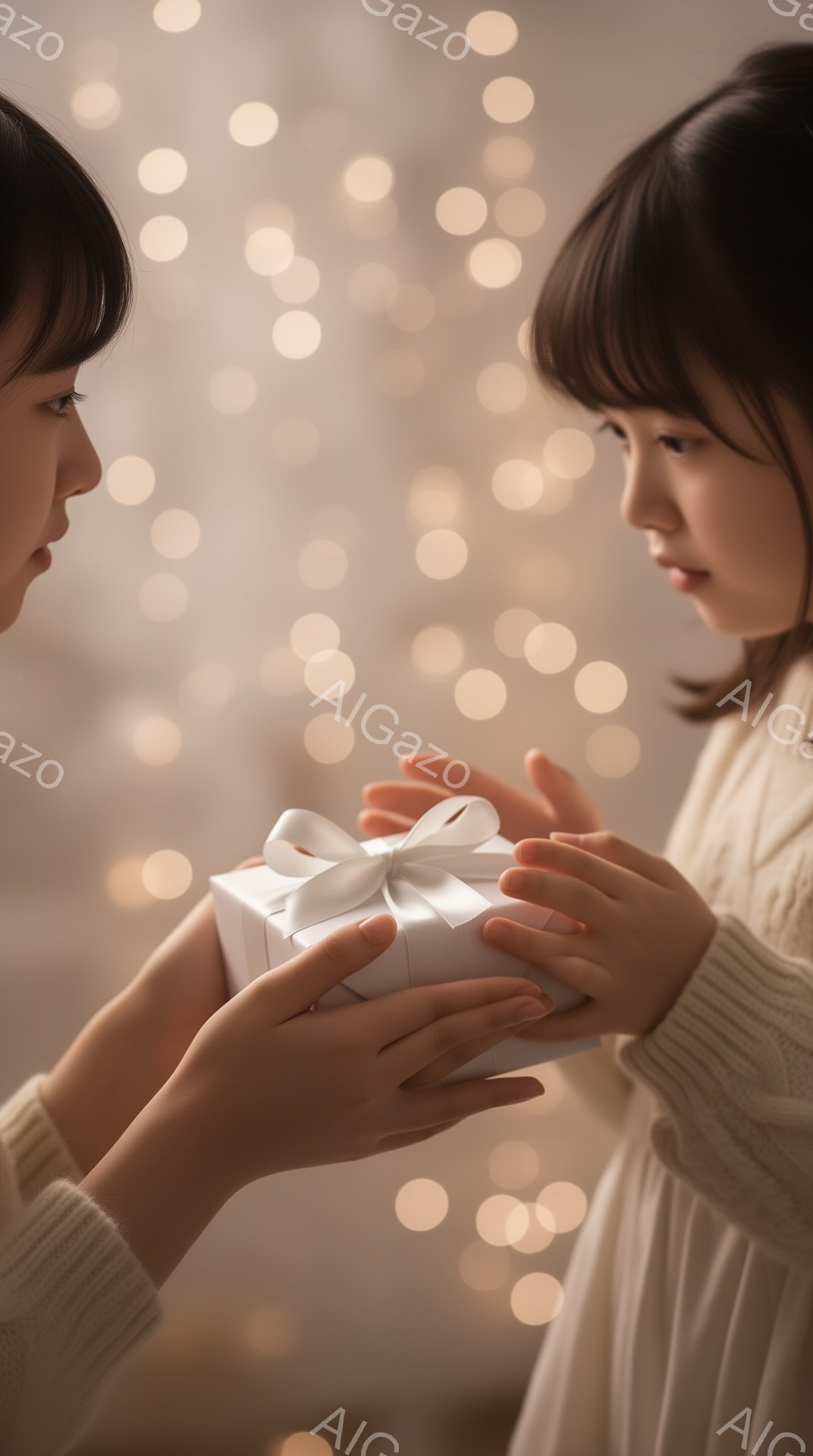 画像には、白いセーターを着た少女がプレゼントを受け取ろうとしている様子が描かれています。彼女は前髪を下ろした短い髪型で、少し緊張した表情でプレゼントを見つめています。背景はぼやけた光のぼかしで、温かく - AI生成フリー素材