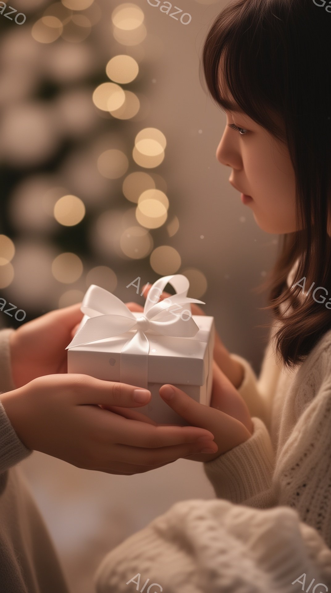 長い茶色の髪を持つ若い女性が、白いリボンで結ばれた小さな白いギフトボックスを両手で抱えています。彼女はニットセーターを着ており、やわらかい光の中で、プレゼントに視線を落とし、わずかに微笑んでいるように - AI生成フリー素材