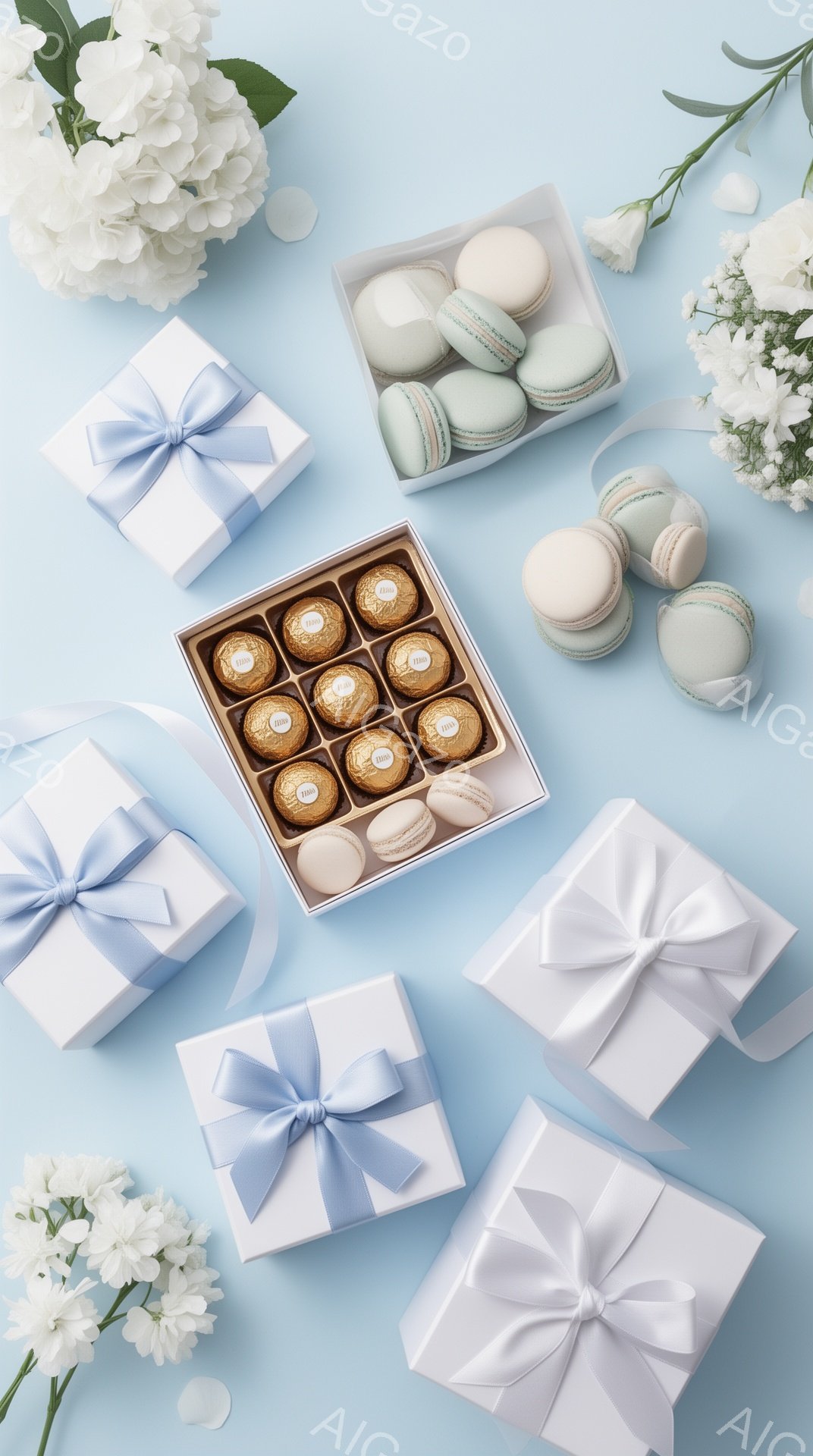淡い水色の背景に、マカロン、チョコレート、ギフトボックスが散りばめられたフラットレイです。白いハイドランジアの花が添えられ、全体的にパステルカラーで統一された、優雅で可愛らしい雰囲気を醸し出しています。プレゼントやお祝い事を連想させる、穏やかでフェミニンな印象を与える構成です。