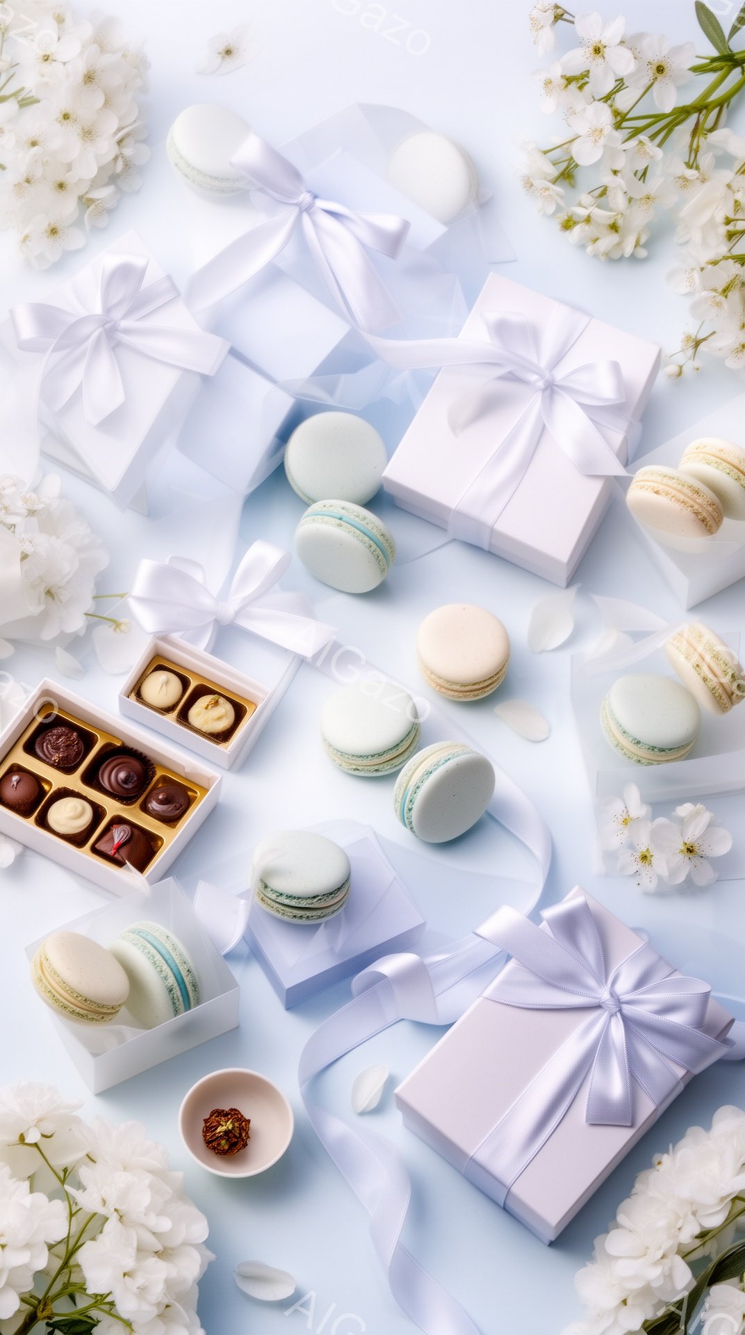 淡い水色の背景に、カラフルなマカロン、チョコレート、ギフトボックスが散りばめられています。マカロンはパステルカラーで、鮮やかな青、緑、白などがあり、ギフトボックスは白いリボンで丁寧にラッピングされてい - AI生成フリー素材