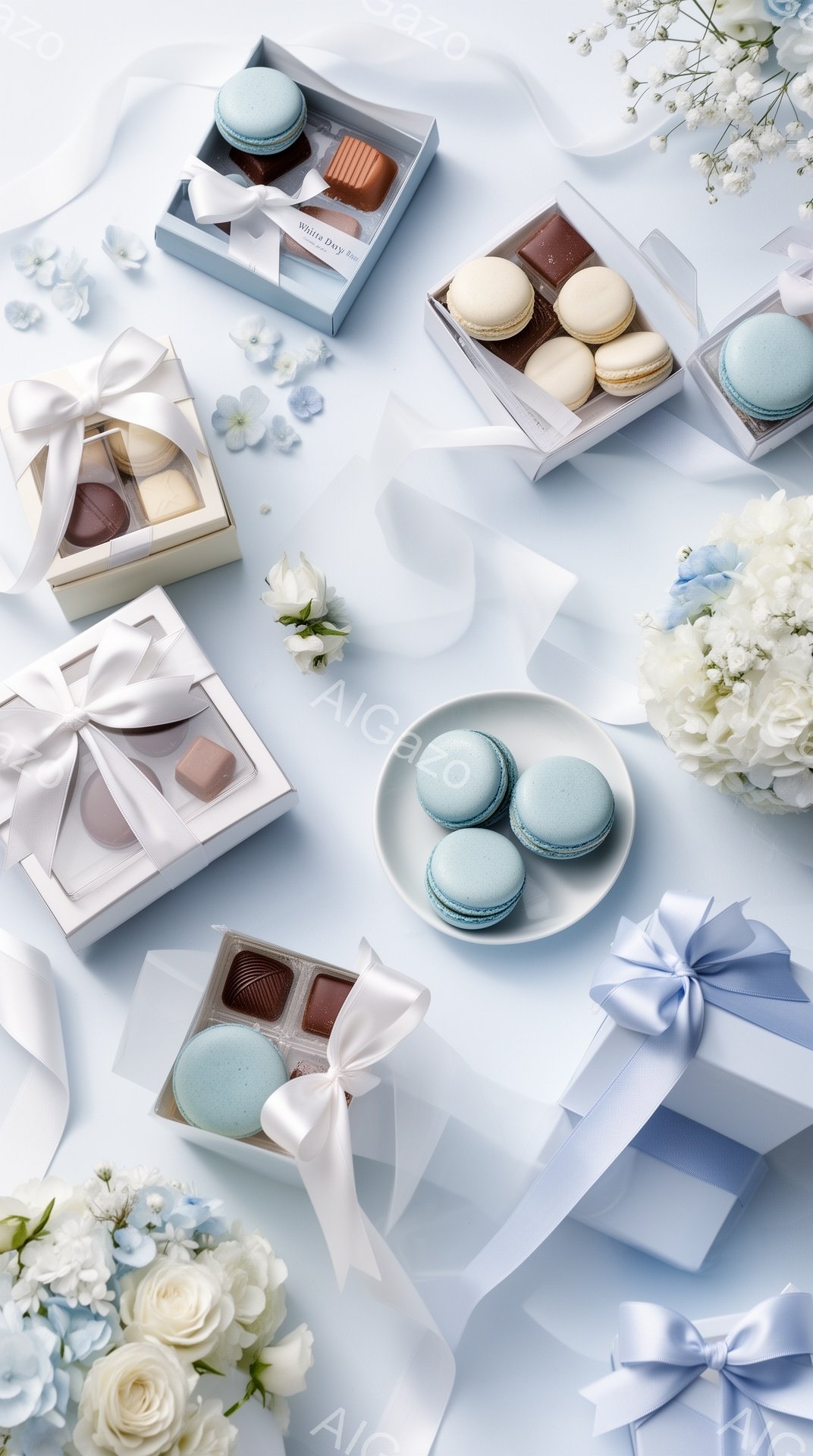淡い水色の背景に、マカロンやチョコレートが入った箱が配置されています。箱はリボンで飾られ、白い花々が添えられており、全体的に柔らかく優しい雰囲気です。春の贈り物や特別な日のデザートを想起させる、上品で - AI生成フリー素材