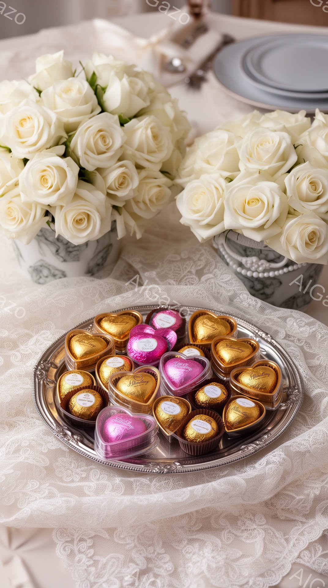 テーブルの上には、銀色のトレーに並べられたチョコレートのハートが輝いています。背景には、繊細な模様が施された花瓶に白バラが活けられ、ロマンチックで優雅な雰囲気を醸し出しています。柔らかい光が全体を照らし、特別な日の祝い事や贈り物にふさわしい、温かみのある光景です。