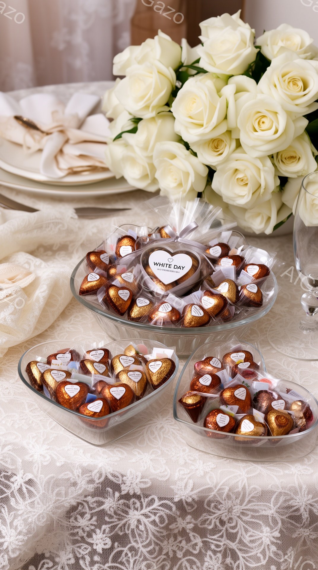 白いレースのテーブルクロスの上に、ハート型のチョコレートが並べられたガラス製の皿が三つ置かれています。背景には、白バラの花束が豪華に飾られており、チョコレートには「WHITE DAY」と書かれたタグが - AI生成フリー素材