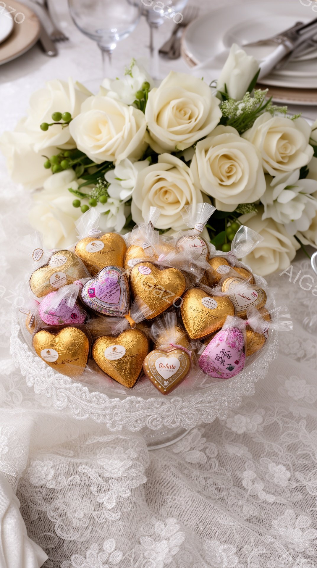 白いバラの花束と、カラフルにラッピングされたチョコレートが、レース調のテーブルクロスの上に置かれています。チョコレートは、金色の包装紙とピンク色の包装紙で、特別な日のギフトのようであり、お祝いの雰囲気を醸し出しています。背景はぼかされており、光が柔らかく、ロマンチックで優しい印象を与えます。