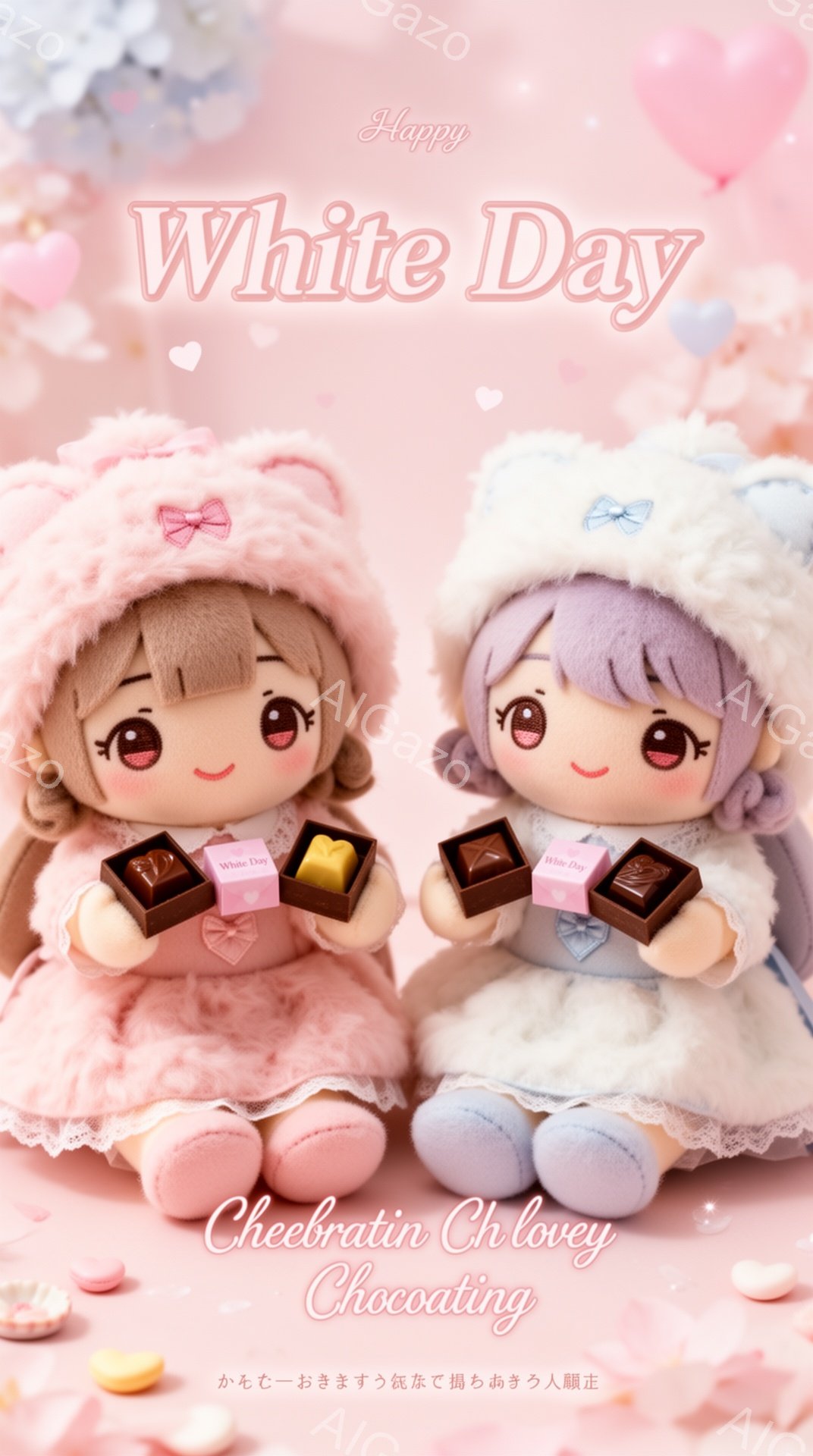 画像には、ピンクと紫色のドレスを着た2体のぬいぐるみがあります。それぞれのぬいぐるみは頭にリボンをつけており、片手にチョコレートの箱を持っています。背景はパステルカラーで、可愛らしい雰囲気を醸し出しています。