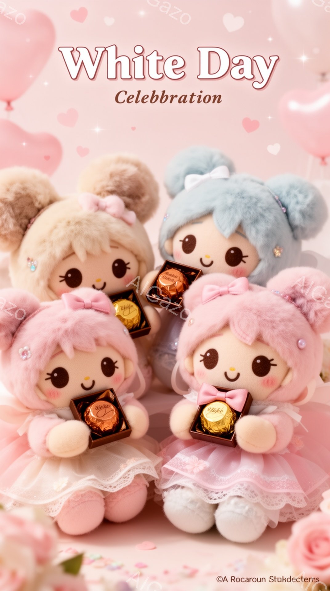 画像には、かわいらしいふわふわしたぬいぐるみ３つが並んでいます。それぞれパステルピンク、薄いピンク、薄い水色の髪をしており、頭にはリボンと花の飾りを付けています。彼らは小さな透明な箱に入ったチョコレートを持っており、とても幸福でかわいらしい雰囲気を醸し出しています。