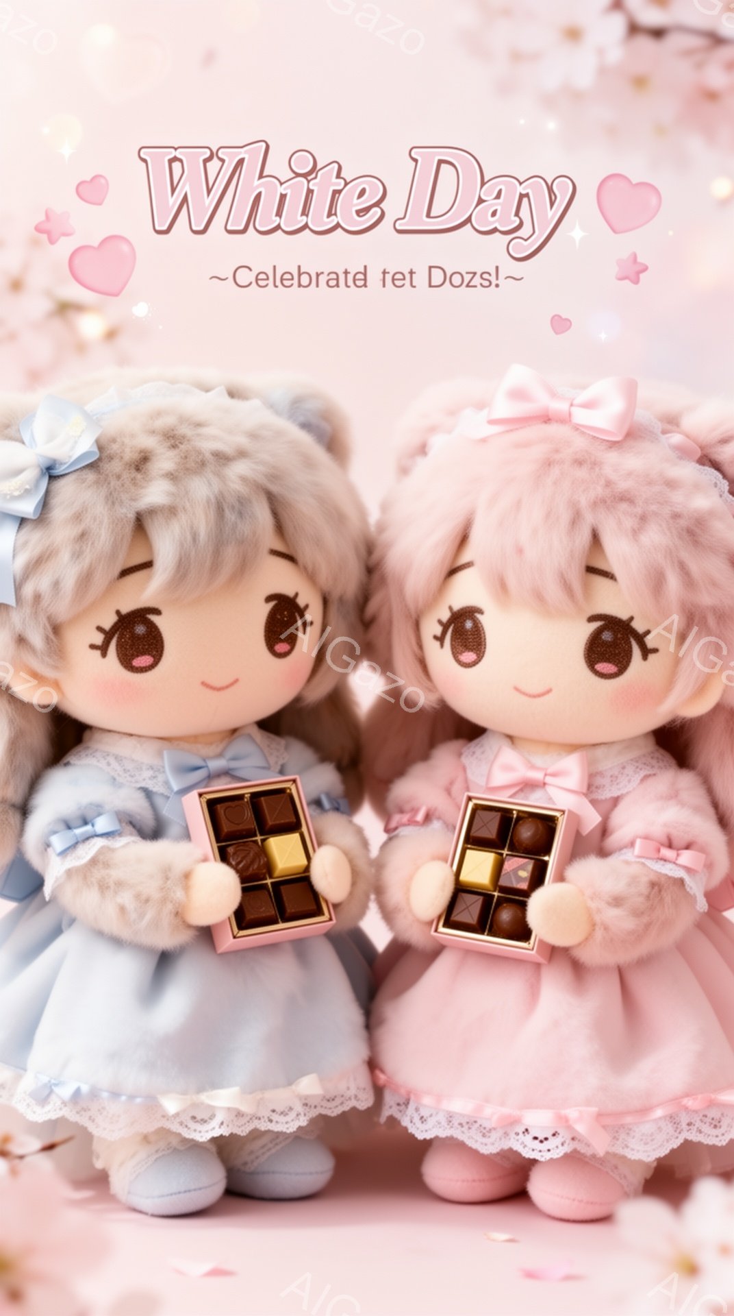 ふわふわの髪にリボンをつけた可愛らしい人形が二人、それぞれ手にチョコレートの箱を持っています。淡い水色とピンク色のフリルがついたドレスを着ており、優しい笑顔を浮かべています。背景は桜の花びらが舞い散る淡いピンク色で、全体的に甘く、春らしい雰囲気が漂っています。