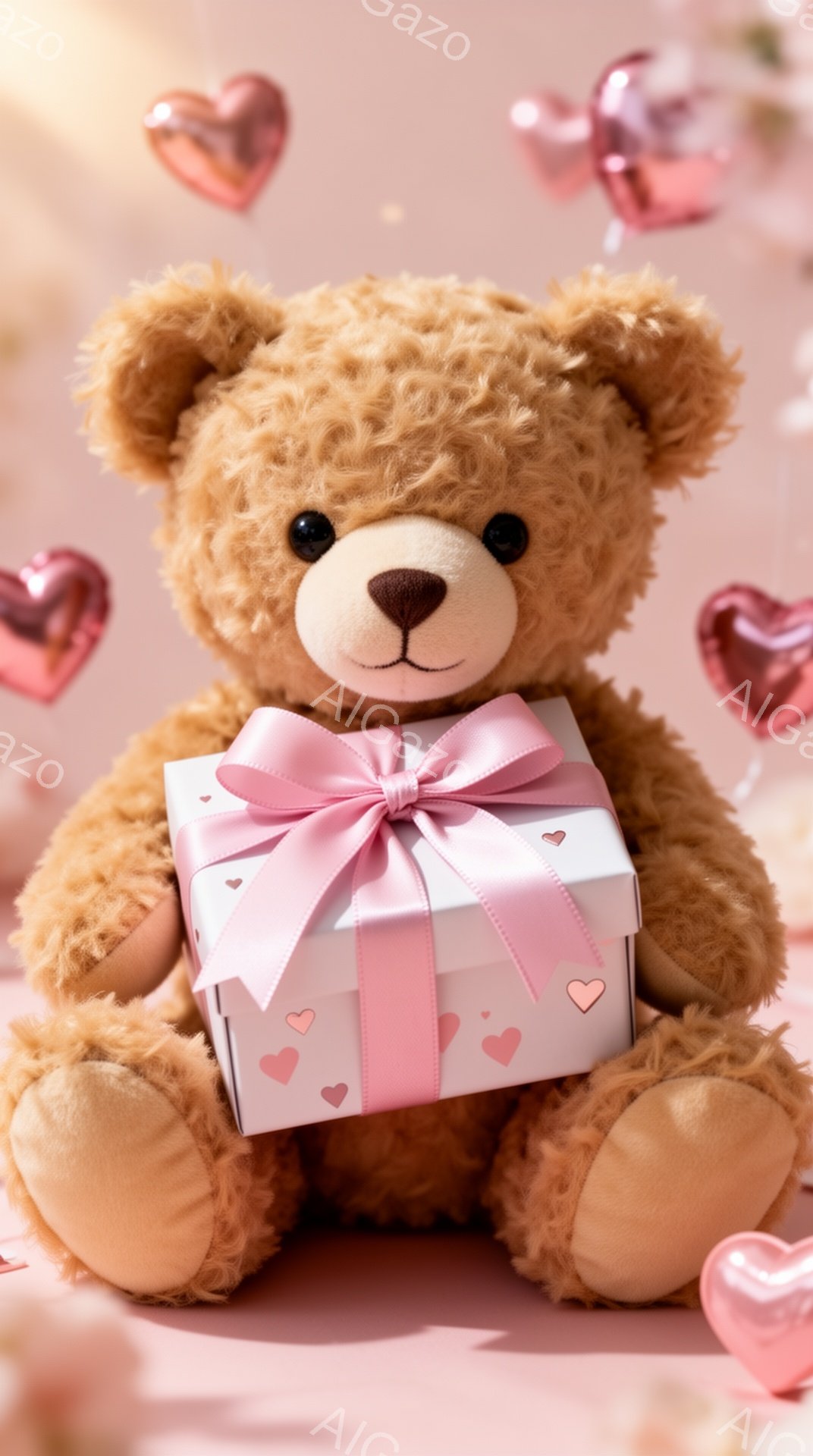ふわふわの茶色のテディベアが、ピンクのリボンで結ばれた白いプレゼントボックスを抱えています。背景はピンク色で、ハート型の装飾がいくつか浮遊しており、ロマンチックで優しい雰囲気を醸し出しています。テディ - AI生成フリー素材