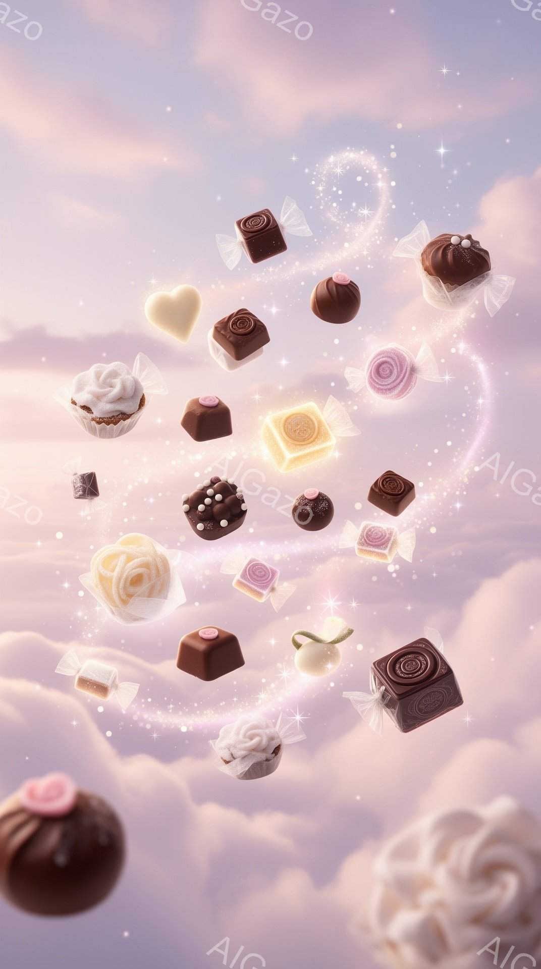 雲とピンク色の背景に、様々なチョコレート菓子が空中に散らばっている様子が描かれています。チョコレートは、トリュフ、キャンディ、パフェなど多種多様で、美しい渦巻き模様やデコレーションが施されています。全 - AI生成フリー素材