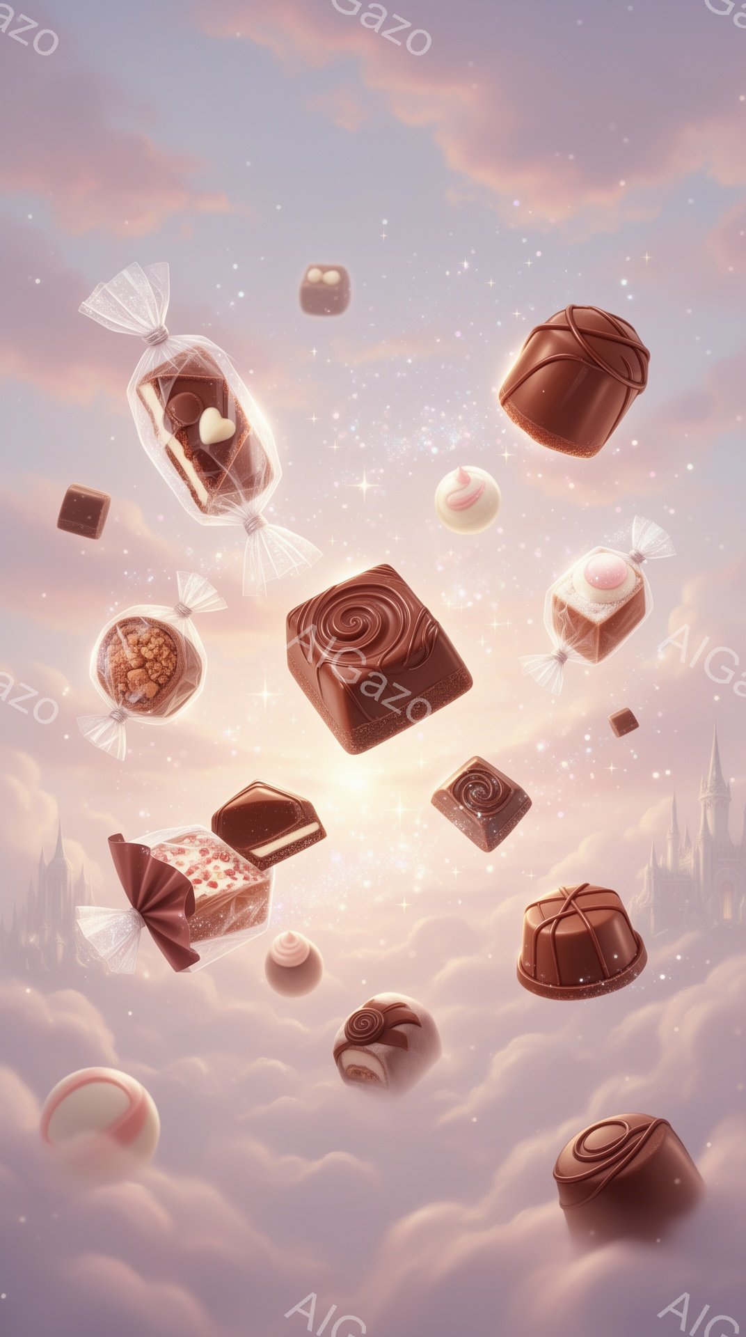 空中に様々なチョコレート菓子が浮かび、夢のような光景が広がっている。背景はパステルカラーの雲と、遠くに見えるお城のシルエットで、おとぎ話の世界を彷彿とさせる。全体的に甘くて優しい雰囲気が漂い、まるでチョコレートの夢の中にいるようだ。