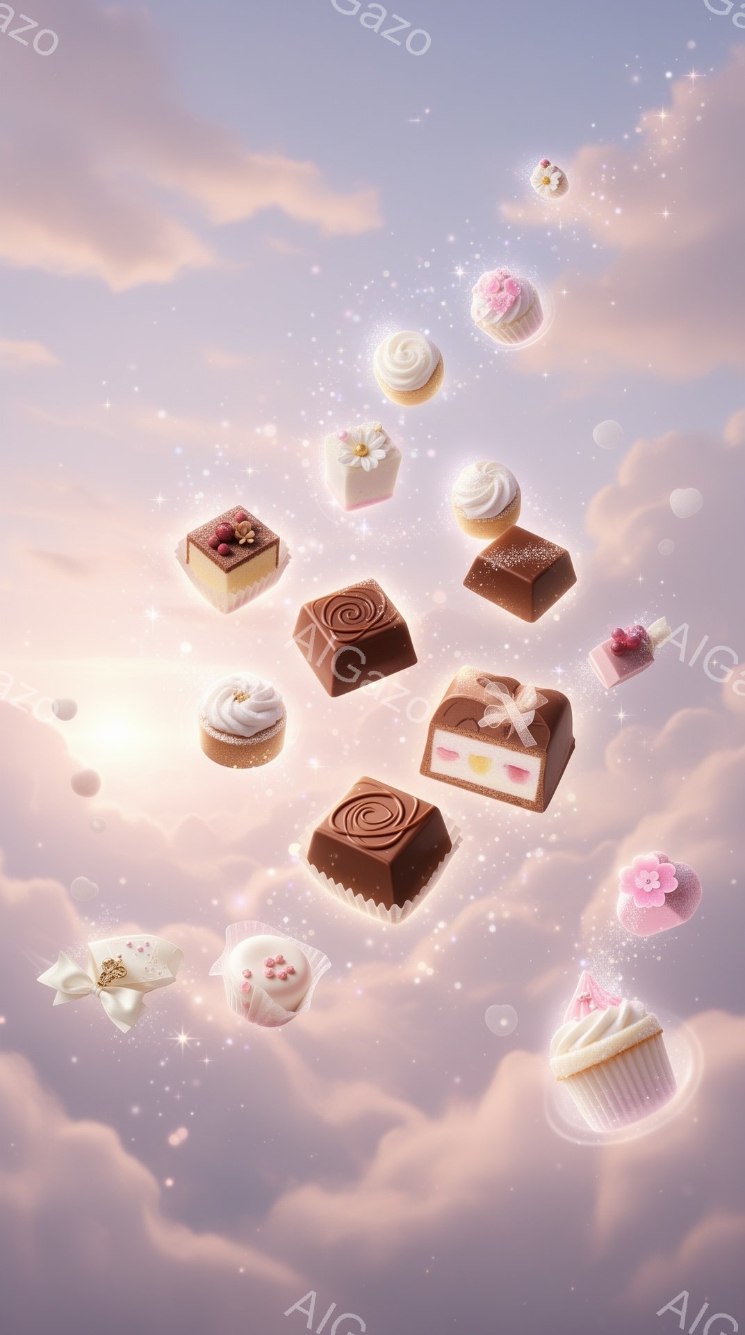 空中に様々なチョコレート菓子やカップケーキが浮かんでいます。背景は淡いピンクとオレンジ色のグラデーションで、キラキラとした光の粒子が舞い、夢幻的な雰囲気を醸し出しています。全体的に、甘くて可愛らしいお - AI生成フリー素材