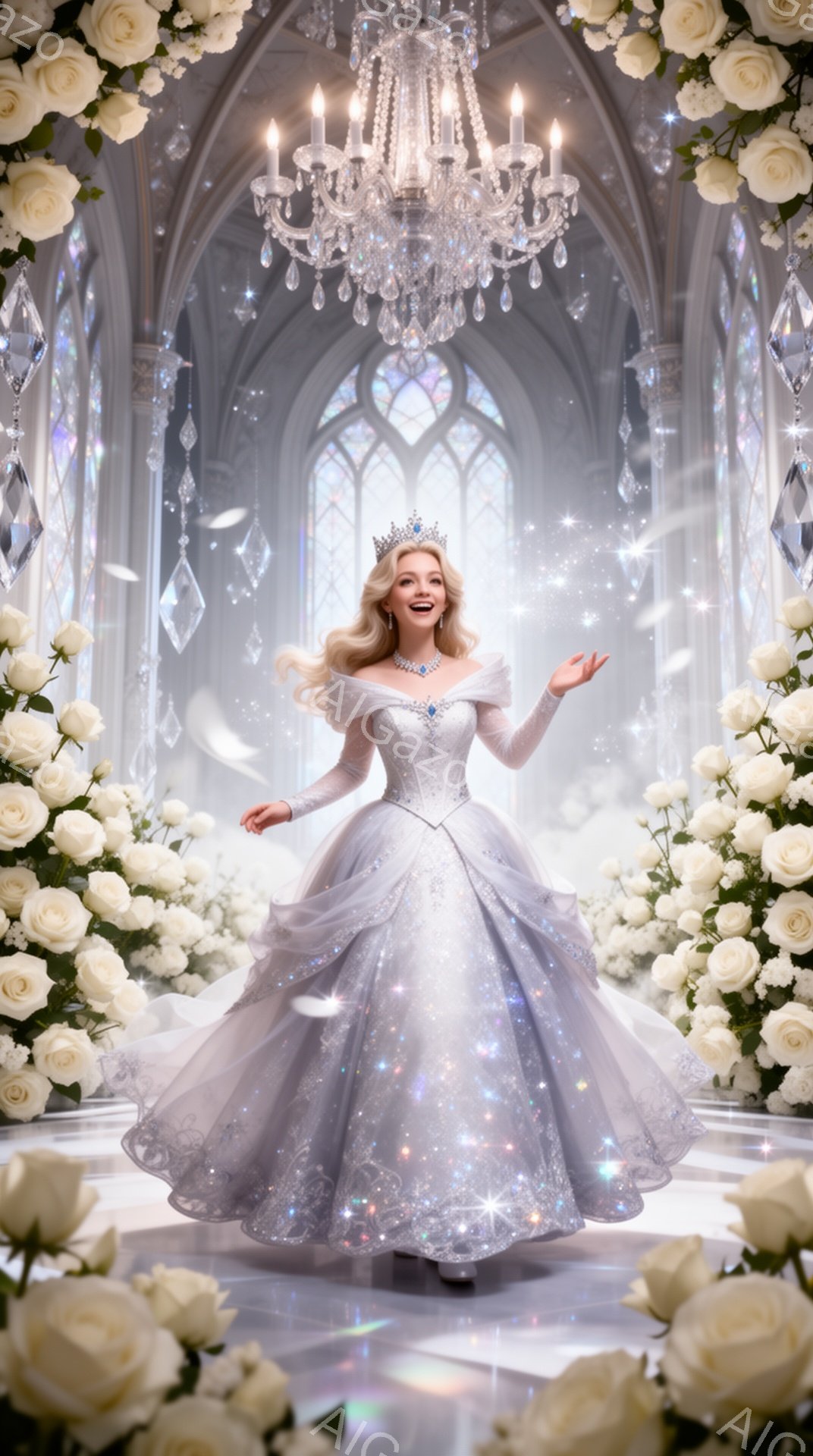 白く輝く豪華なボールガウンを着た女性が、優雅なポーズで立っています。彼女は金髪をカールさせ、ティアラをつけ、微笑んでいます。背景には、アーチ状の窓、シャンデリア、そして白いバラで飾られた幻想的な空間が広がっており、まるで夢の中の宮殿のようです。