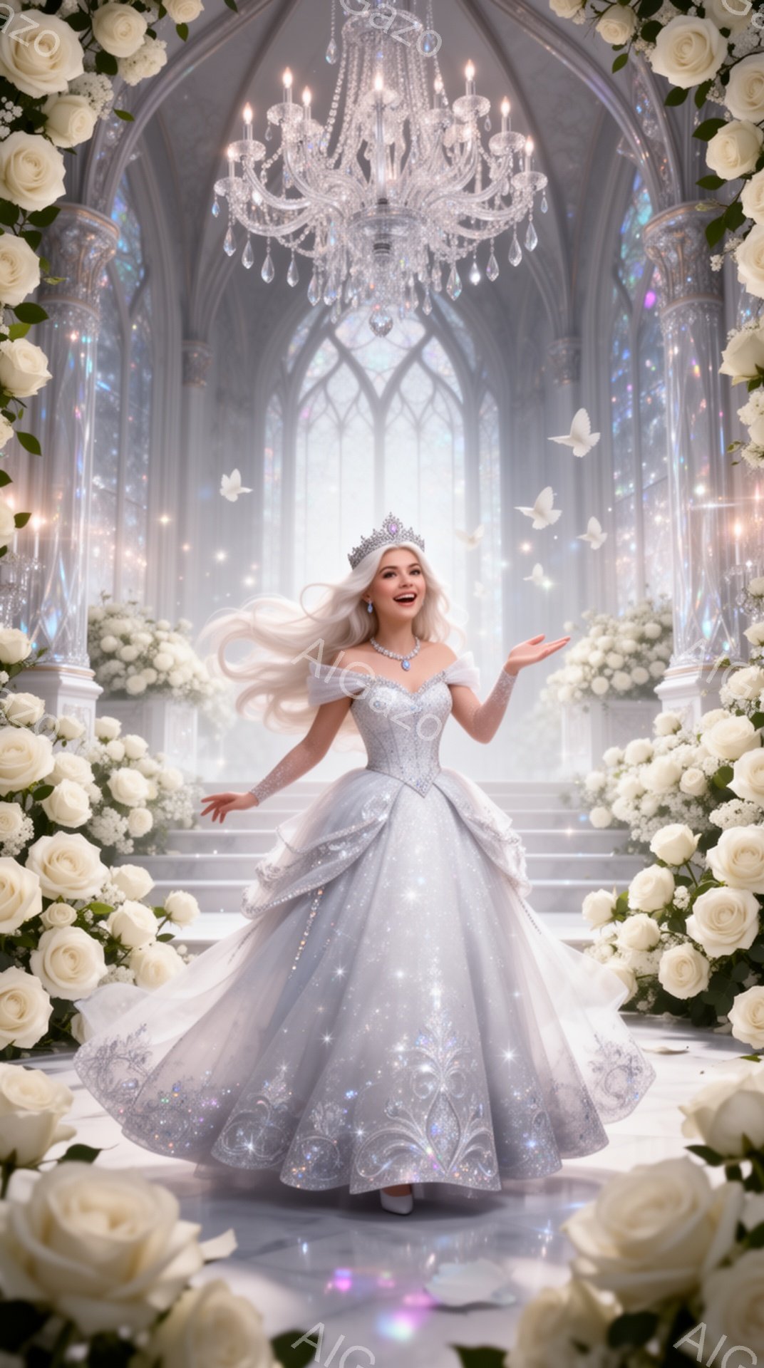 白い豪華なドレスを身につけた女性が、片手を伸ばして微笑んでいます。彼女は銀色のティアラをつけ、長い金髪が肩にかかっています。背景には、白いバラで飾られたアーチ状の通路、シャンデリア、そして舞い飛ぶ蝶が見え、まるで夢のような宮殿の中にいるようです。