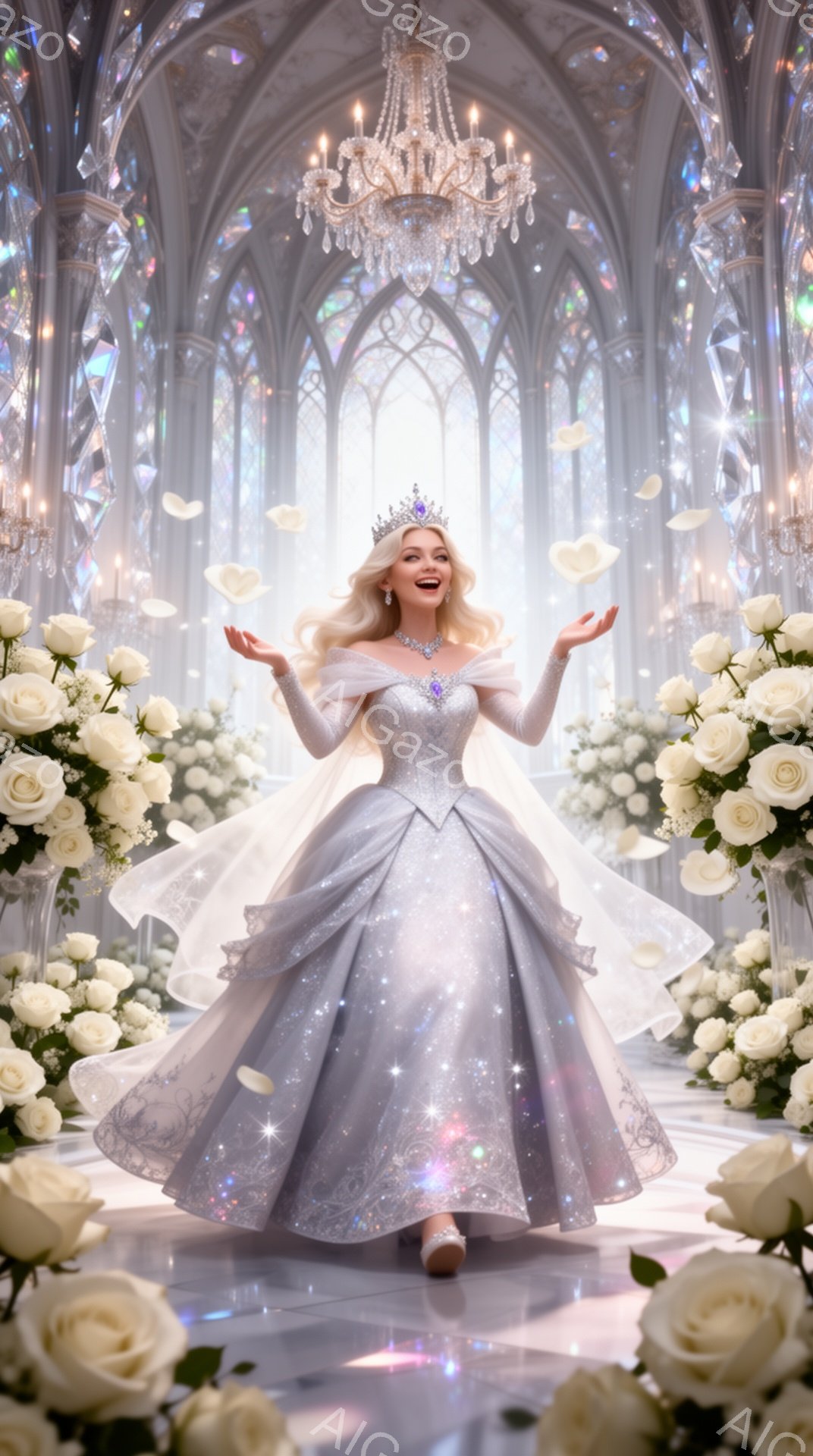 白い豪華なドレスを身につけた女性が、両手を広げて喜びを表しています。彼女は金髪で、頭にはティアラをつけ、顔には明るい笑顔が浮かんでいます。背景には、高いアーチ状の窓とシャンデリアが輝き、周囲には白いバラの花が咲き乱れ、まるで夢のようなおとぎ話の世界が広がっています。