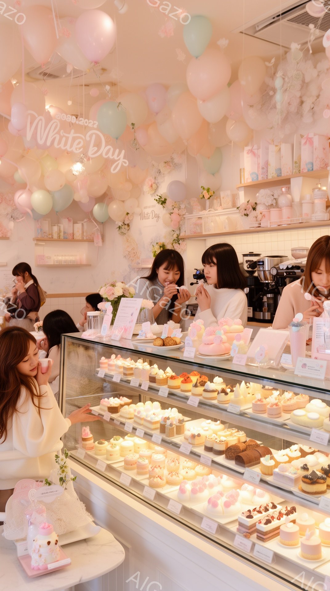 白い背景にピンクと白の風船が飾られたケーキショップで、若い女性たちがショーケースを見ている様子が描かれています。女性たちはカジュアルな服装で、明るい表情でケーキを選んでいます。ショーケースには様々な種類の可愛らしいケーキが並べられ、「White Day」の装飾が春らしい雰囲気を演出しています。