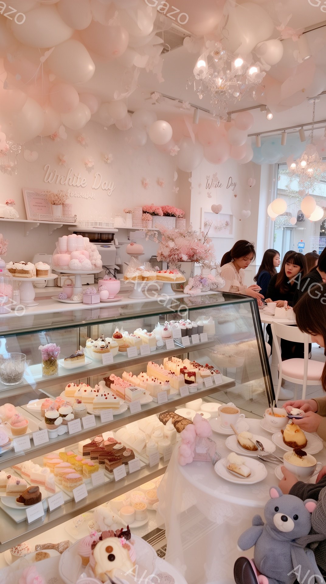 白いデーをテーマにしたケーキショップの内部です。ショーケースには、ピンクや白を基調とした可愛らしいケーキや焼き菓子が並び、女性客が商品を選んでいます。天井にはふわふわとした雲のような装飾が施され、全体的に柔らかくロマンチックな雰囲気が漂っています。