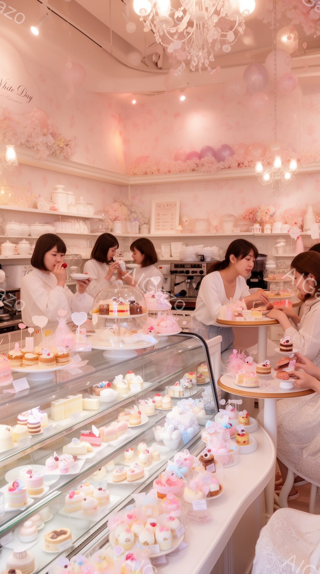 店内はピンクと白を基調とした可愛らしい雰囲気で、ショーケースには色とりどりのケーキが並んでいます。制服を着た女性店員が複数おり、ケーキの準備や接客を行っています。天井にはシャンデリアが輝き、背景には花柄の壁紙が広がっており、全体的にロマンチックで夢のような空間が演出されています。