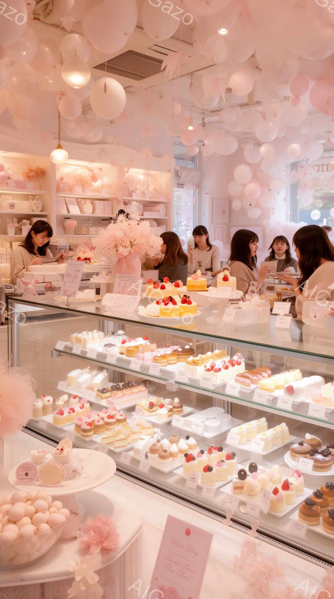 薄桃色の装飾が施されたケーキ店の内部で、ショーケースには様々な可愛らしいケーキが並べられている。数人の女性が、クリーム色のニットやセーターを着て、ケーキを選んだり、レジで支払いをしたりしている様子が伺え、皆穏やかな表情を浮かべている。天井にはピンク色の装飾が浮遊しており、全体的に柔らかく、甘い雰囲気が漂っている。