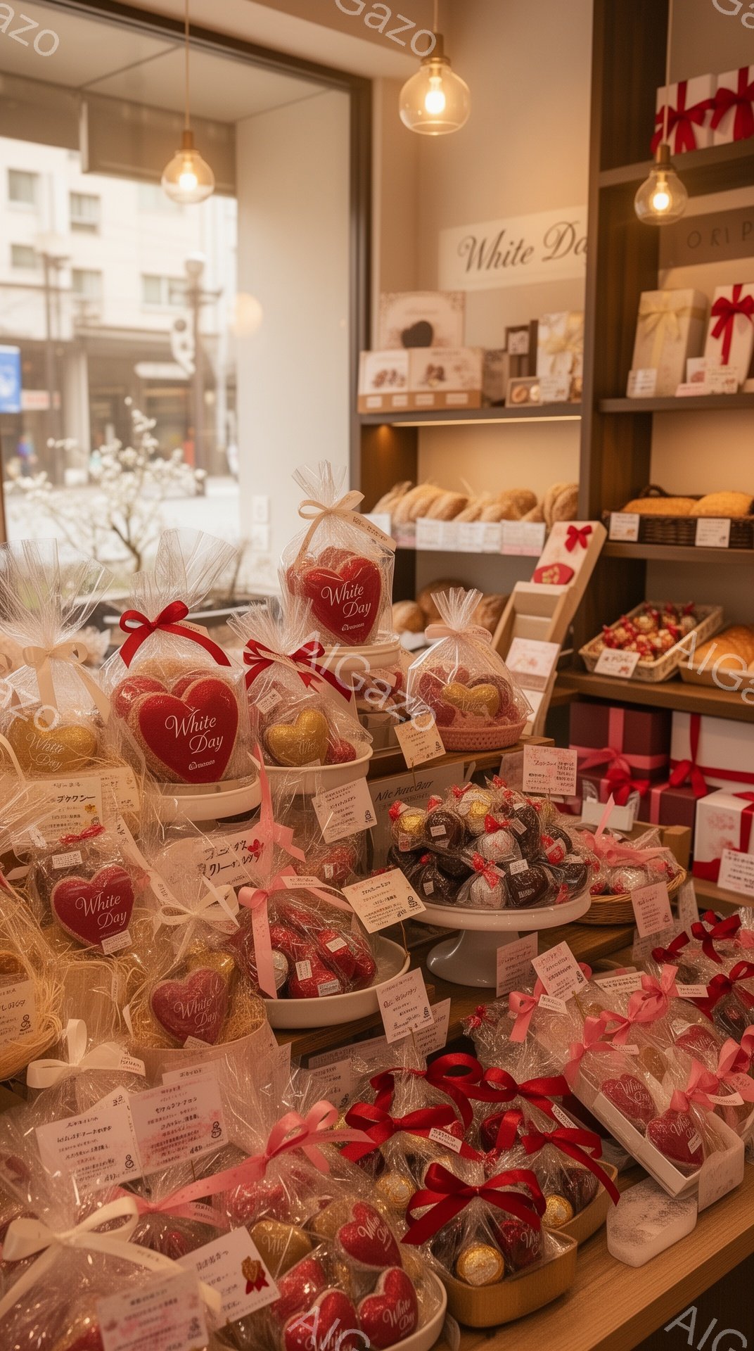 白い棚に、可愛らしい包装紙で飾られたチョコレートが大量に並べられています。ハート型のチョコレートや、様々な形の焼き菓子が、ホワイトデーのギフトとしてディスプレイされており、それぞれのチョコレートには日本語のラベルが貼られています。背景には、他のギフトや焼き菓子がぼんやりと見え、暖色の照明が、甘くロマンチックな雰囲気を醸し出しています。