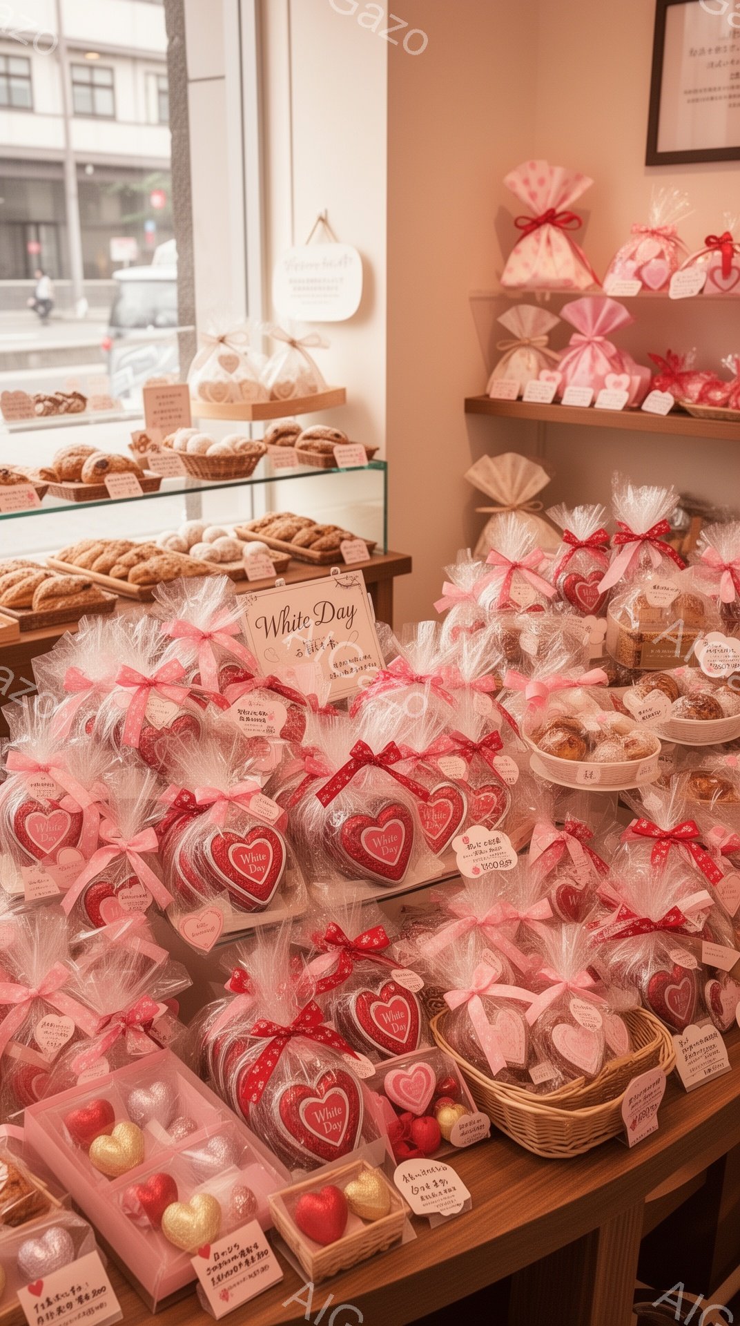 店内には、バレンタインデーのお返しである「ホワイトデー」のギフトが並べられています。ピンクや赤色の包装紙で包まれたお菓子が可愛らしく、ハート型のチョコレートやクッキーが目立ちます。ギフトの価格表示が添えられており、贈り物選びの雰囲気が漂っています。