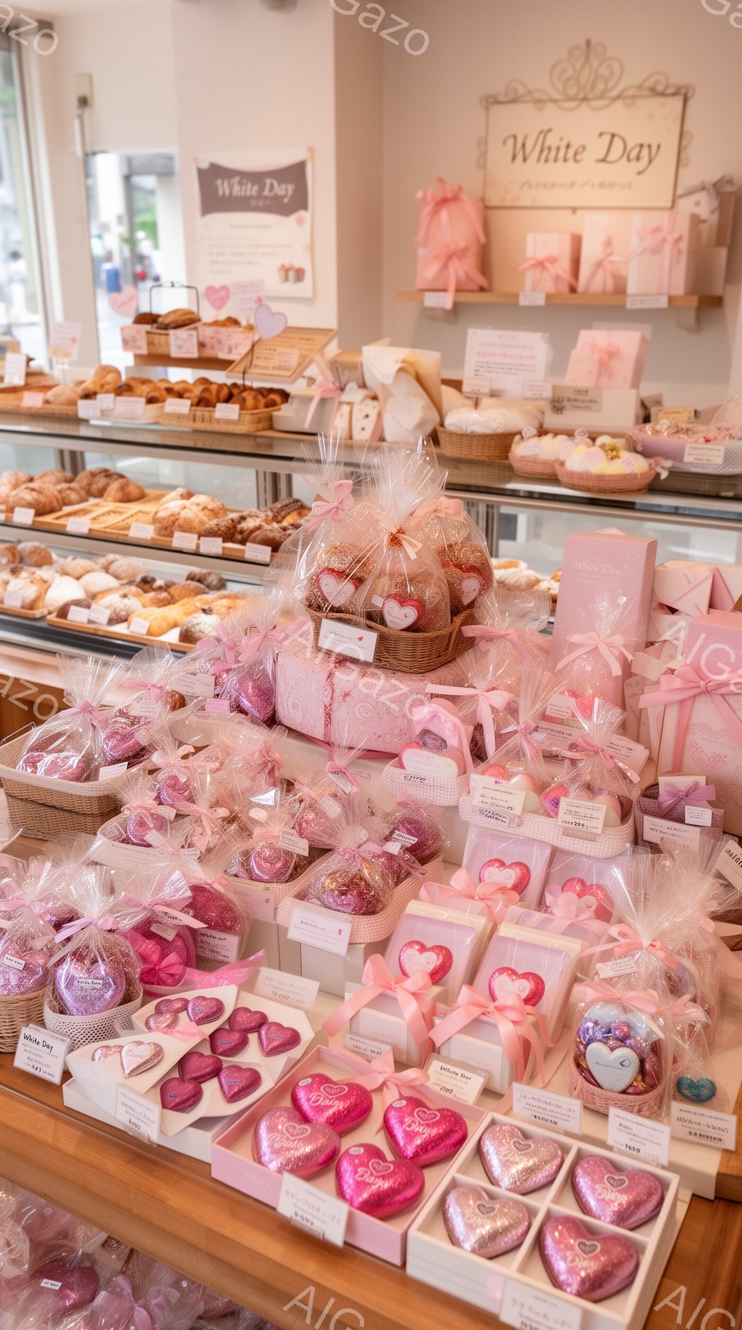 白い日（ホワイトデー）の焼き菓子がずらりと並んだショーケースです。ピンクと白を基調としたラッピングが可愛らしく、ハート型のチョコレートやクッキーが目に留まります。背景には焼き菓子の入った棚が見え、甘くてロマンチックな雰囲気が漂っています。