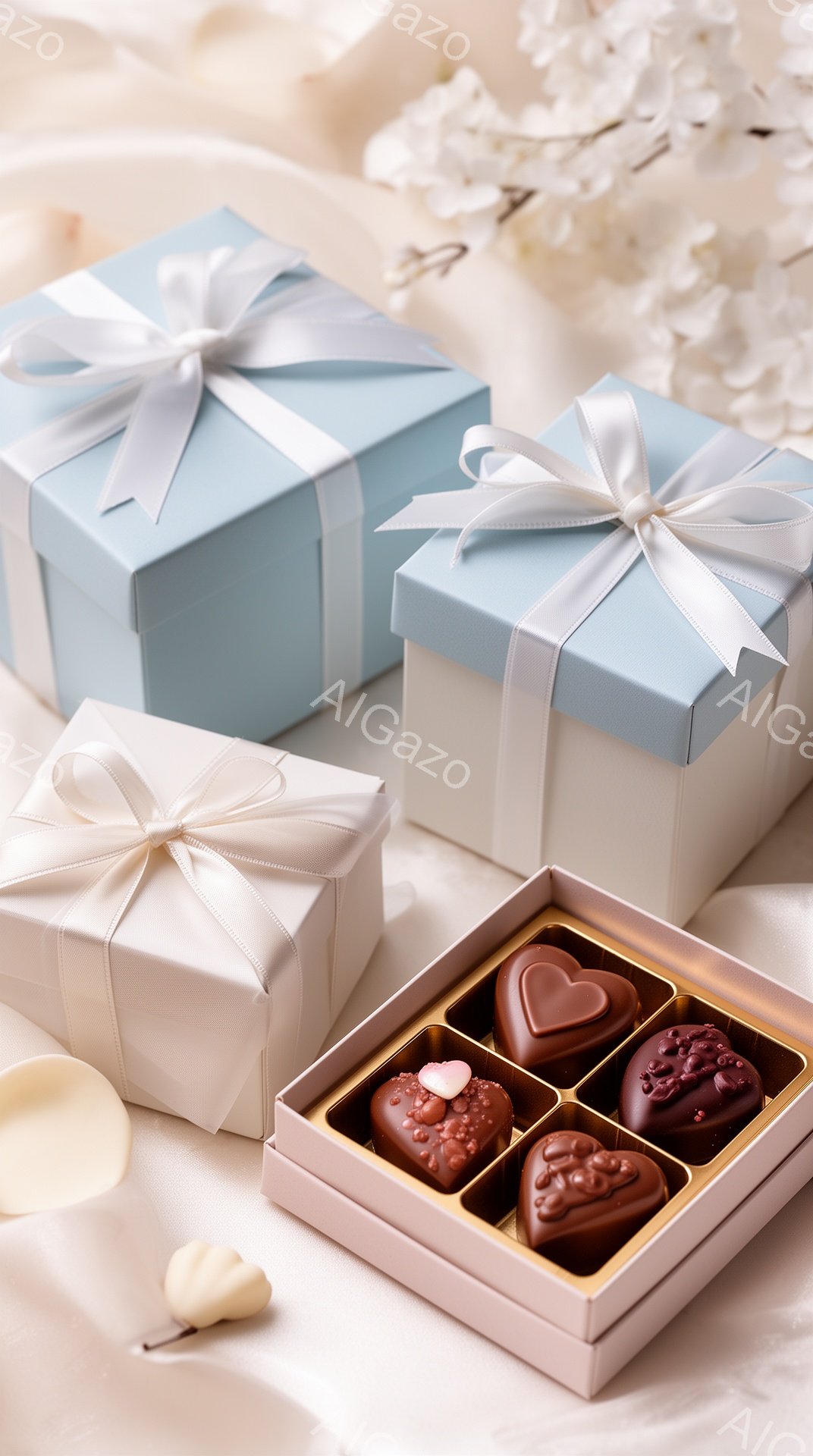 淡いブルーとクリーム色のギフトボックスが、白い布の上に並べられています。ボックスにはリボンが結ばれており、その手前には様々な種類のチョコレートが並んだピンク色の箱があります。背景には白い花がぼんやりと - AI生成フリー素材