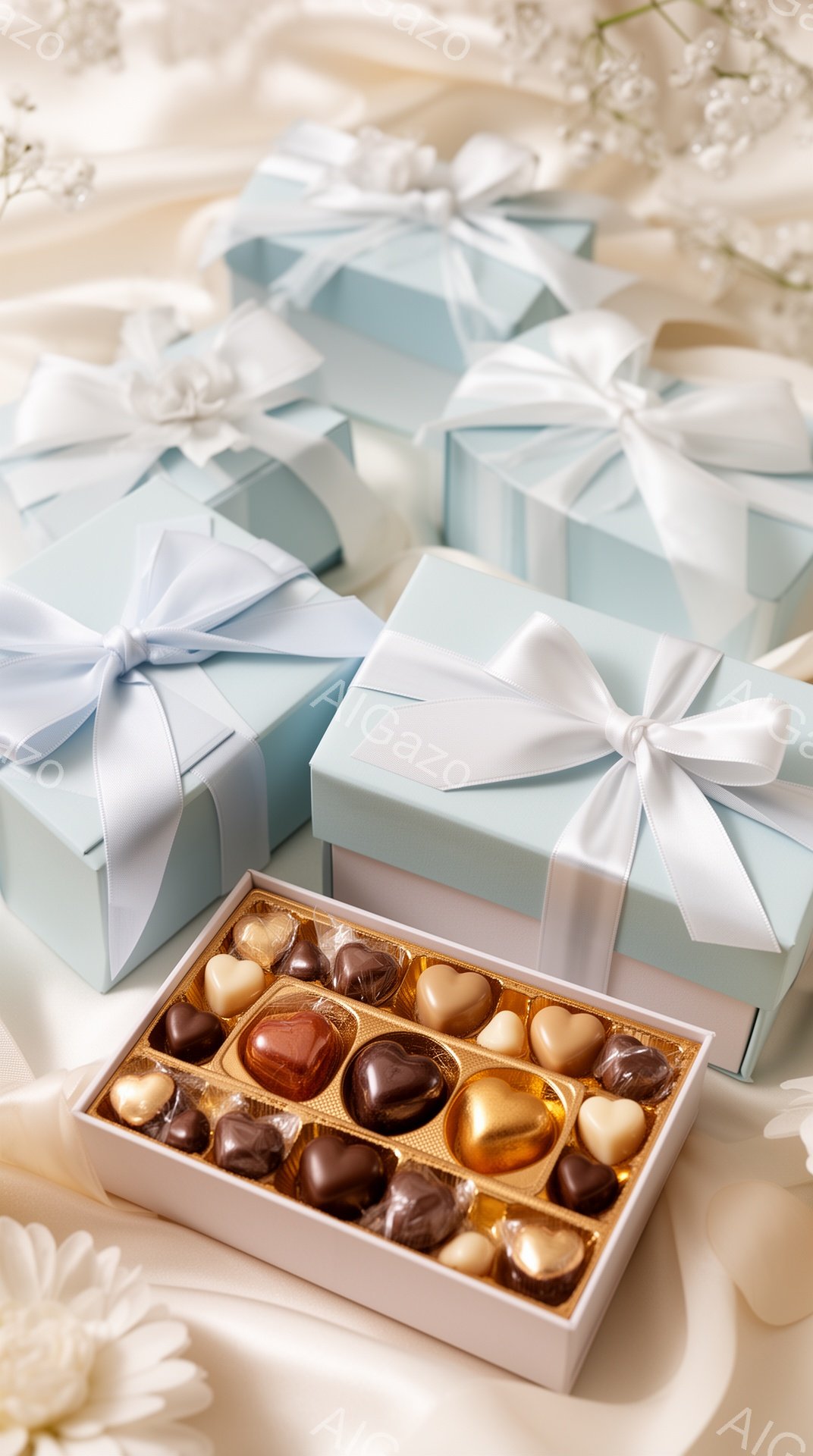 白い背景に、淡い水色のリボンで結ばれたギフトボックスがいくつか並んでいます。ギフトボックスの前に、様々なチョコレートが並んだ白い箱が置かれており、チョコレートはハート型や正方形など様々な形と色合いをし - AI生成フリー素材