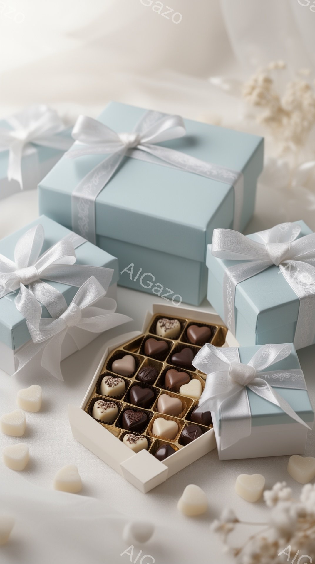 淡い水色のギフトボックスが数個、白いリボンで飾られて並べられています。開いた箱の中には、様々な種類のチョコレートが丁寧に並べられており、周囲には小さな白いチョコレートの破片が散りばめられています。全体 - AI生成フリー素材