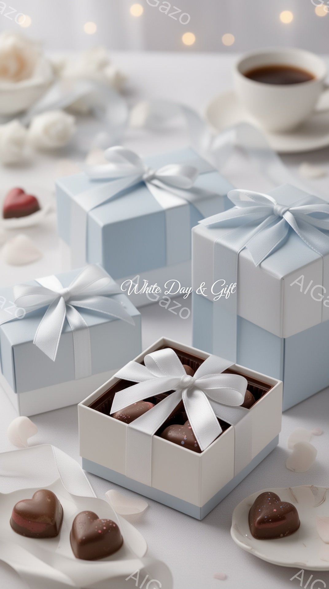 薄い水色のギフトボックスが二つ、白いリボンで飾られてテーブルに置かれています。チョコレートが数個、箱の中に並び、他のチョコレートがテーブル上に散りばめられています。背景には、ぼやけたコーヒーカップと白 - AI生成フリー素材