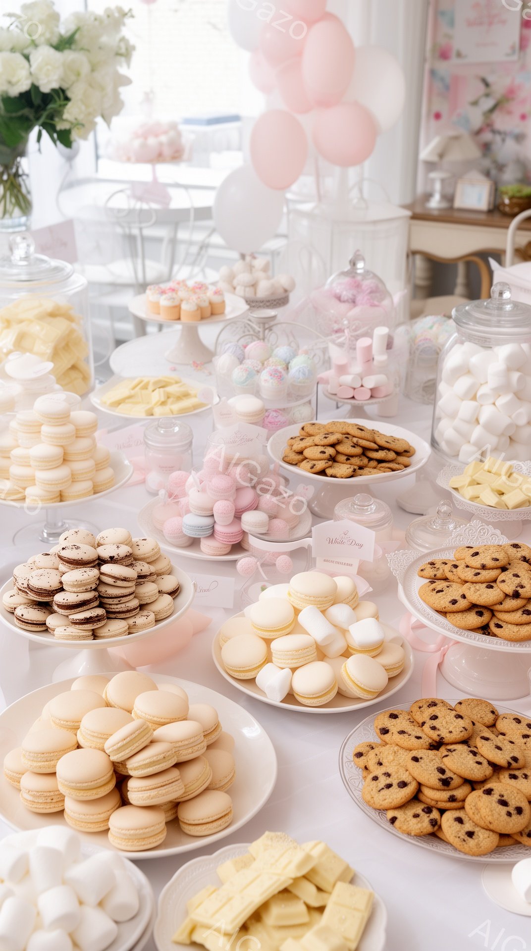 白いテーブルの上に、マカロン、クッキー、マシュマロ、キャンディなど、さまざまな種類の甘いお菓子が美しく並べられています。パステルカラーの可愛らしいお菓子たちは、まるで特別な日のデザートビュッフェのよう - AI生成フリー素材