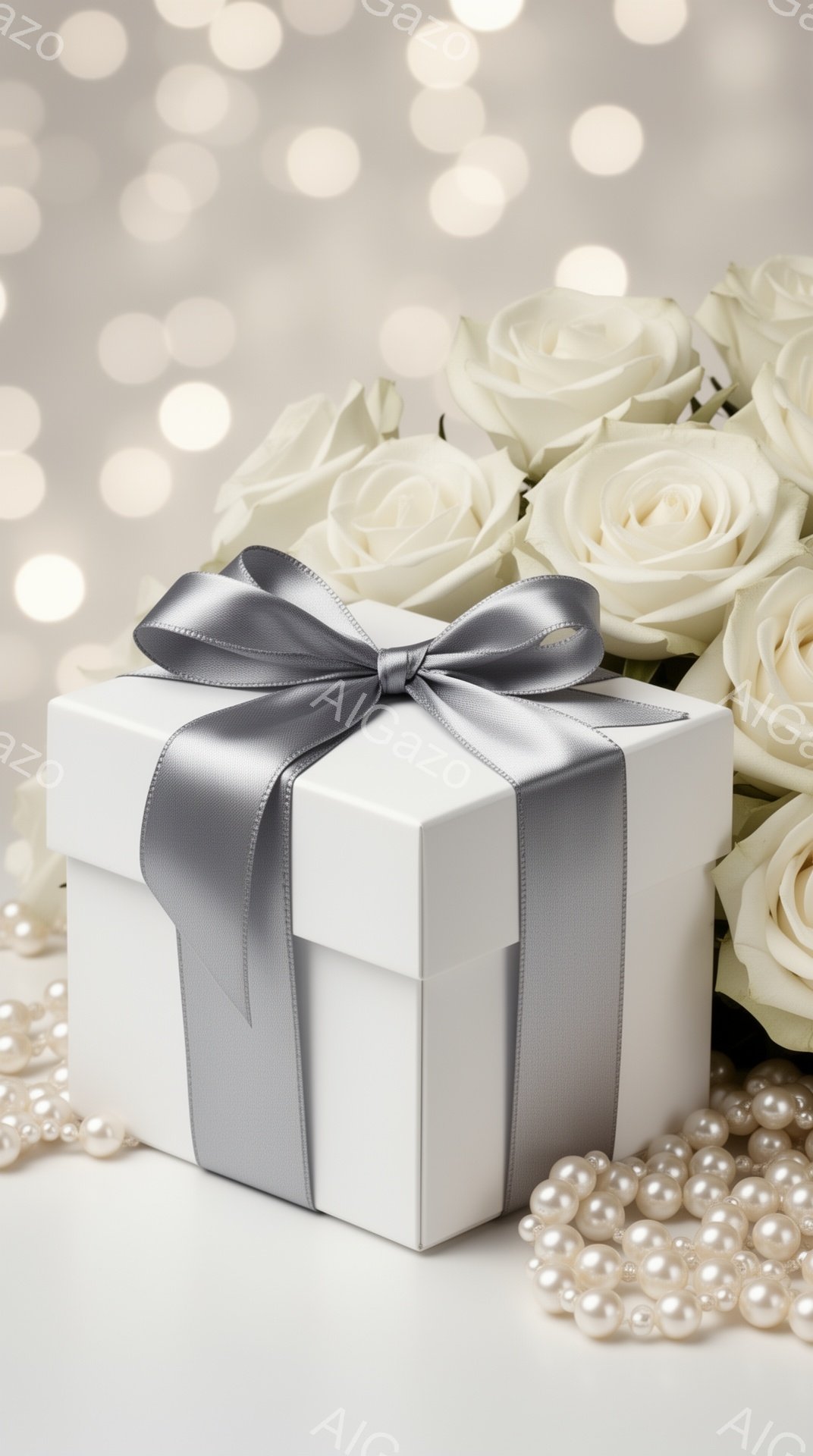 白いギフトボックスが、白いバラと真珠のネックレスに囲まれて写っています。ギフトボックスはグレーのリボンで美しくラッピングされ、背景にはぼやけた光の粒子が散りばめられています。全体的に上品でロマンチックな雰囲気を醸し出しており、特別な贈り物や祝い事のシーンを連想させます。