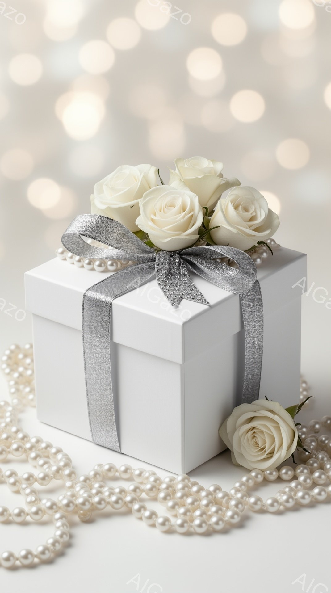 白いギフトボックスが、光り輝く背景と真珠のネックレスに囲まれて配置されています。ボックスの上には、白バラが飾られ、シルバグレーのリボンで上品に結ばれています。全体的に、洗練された優雅な雰囲気が漂い、特別な贈り物や記念日を連想させます。